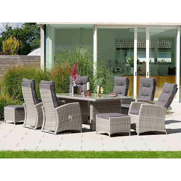 KONIFERA Garten-Essgruppe Monaco, (Set, 17-tlg., 6x Sessel, 2x Hocker, 1x Tisch 200x100x74cm, inkl. Auflagen), Polyrattan, Aluminium, Rückenlehne verstellbar