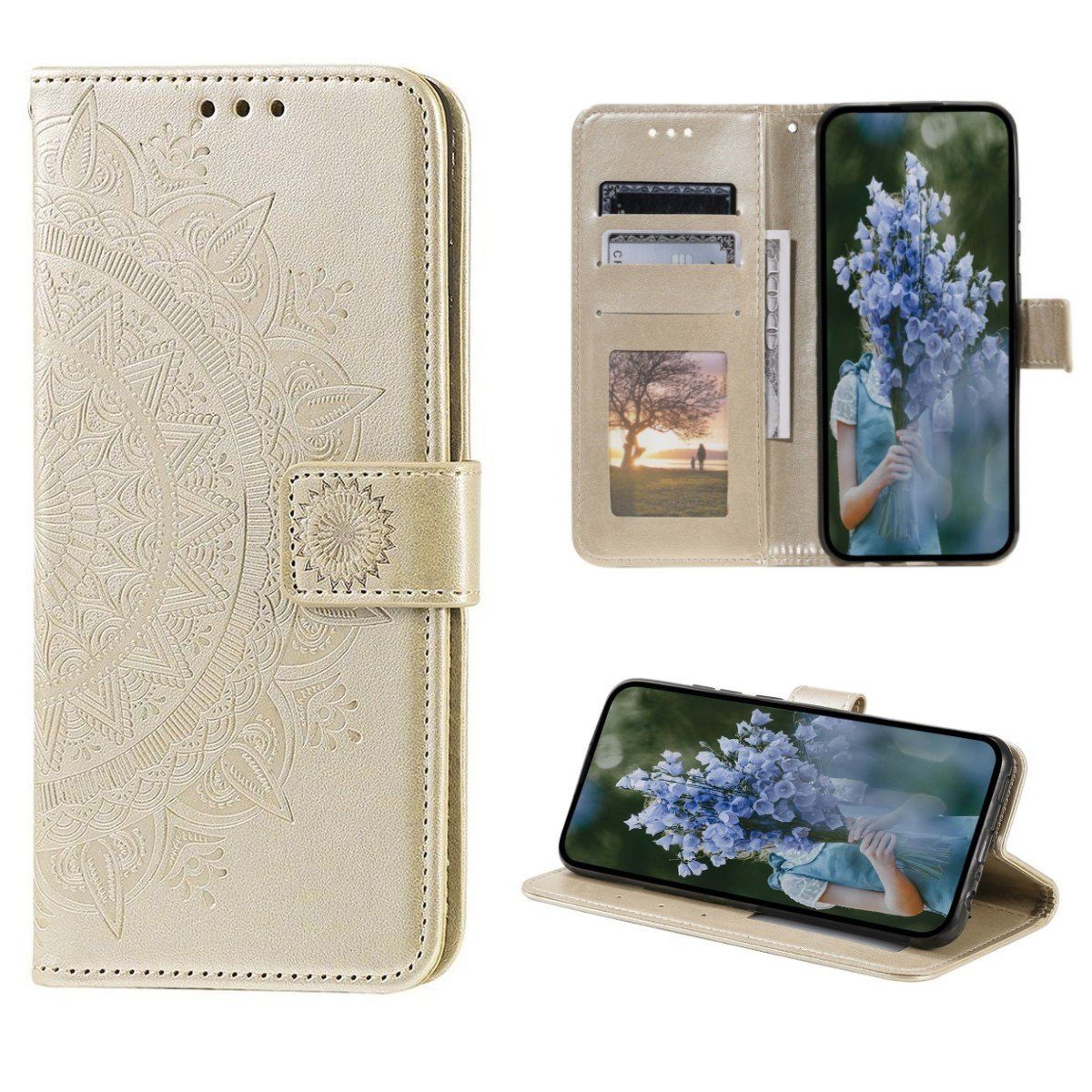 CoverKingz Handyhülle Hülle für Apple iPhone 14 Pro Max Handyhülle Flip Case Schutzhülle 17,0 cm (6,69 Zoll), Klapphülle Schutzhülle mit Kartenfach Schutztasche Motiv Mandala