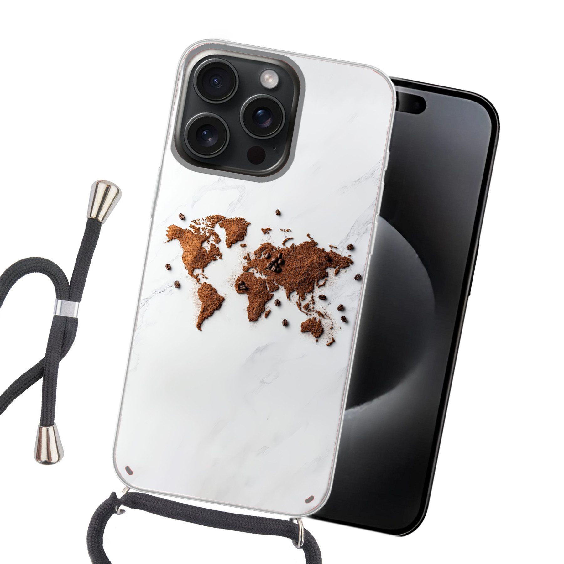 MuchoWow Handyhülle für Apple iPhone 15 Pro Max Weltkarte - Kaffee - Marmor, Tragbare Handyhüllen mit Kette zum umhängen, Handykette Handyband