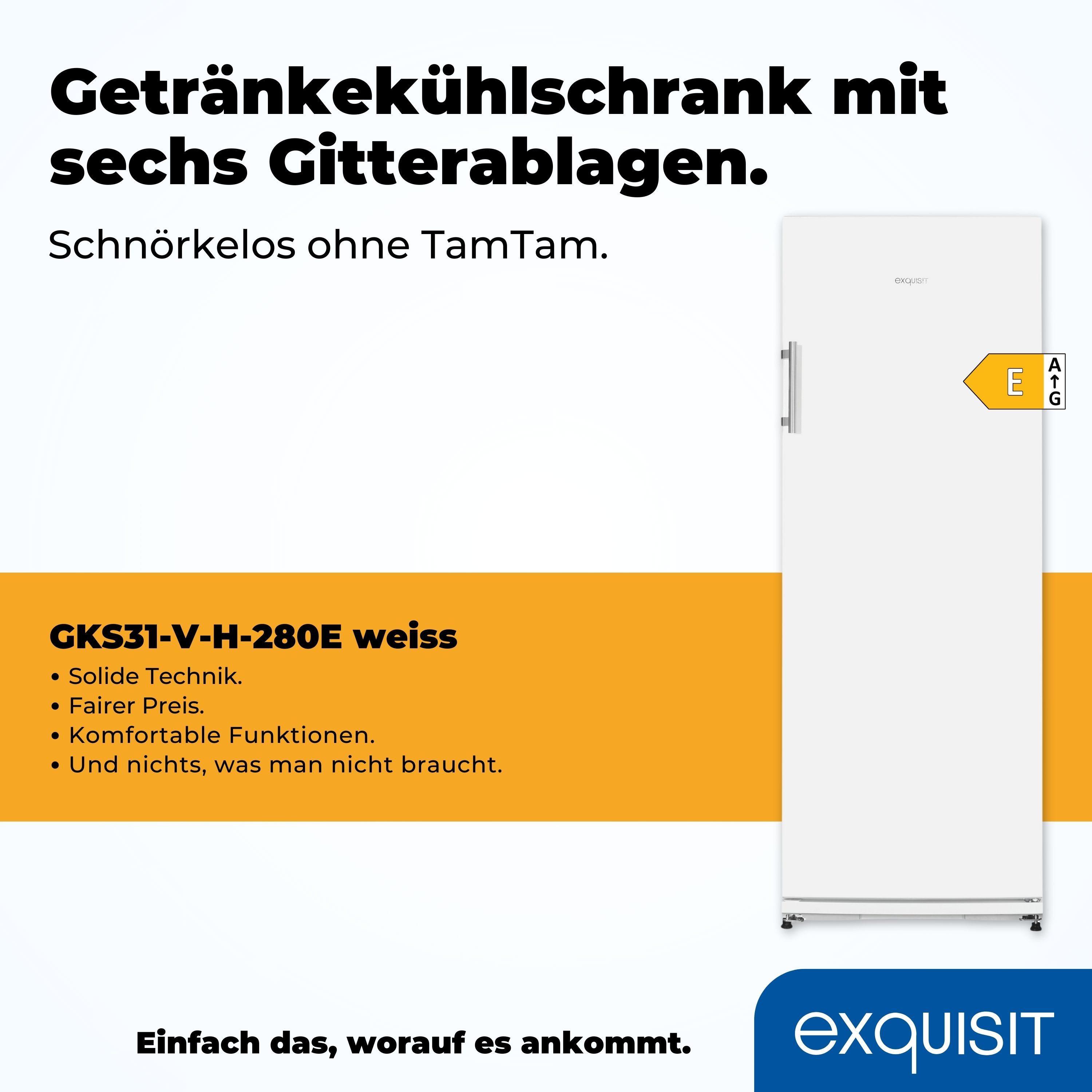 exquisit Getränkekühlschrank GKS31-V-H-280E weiss, 163 cm hoch, 60 cm breit, 6 robuste Gitterablagen zur Lagerung von Flaschen oder Getränkekisten