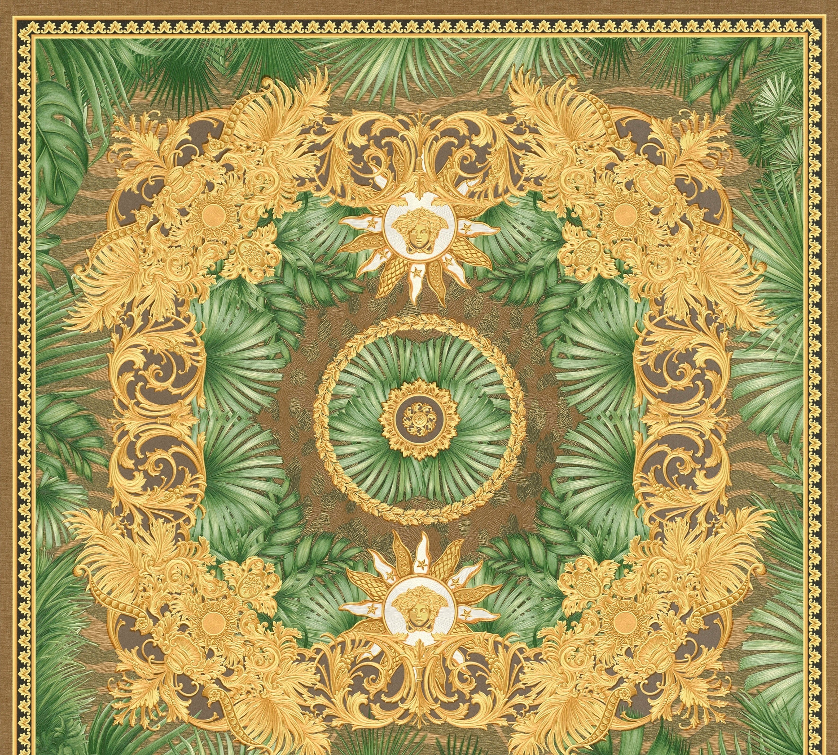 Versace Vliestapete Wallpaper Versace 5 Design, leicht strukturiert, leicht glänzend, (1 St), Dschungel auffallende Fliesen-Tapete goldfarben/braun/grün
