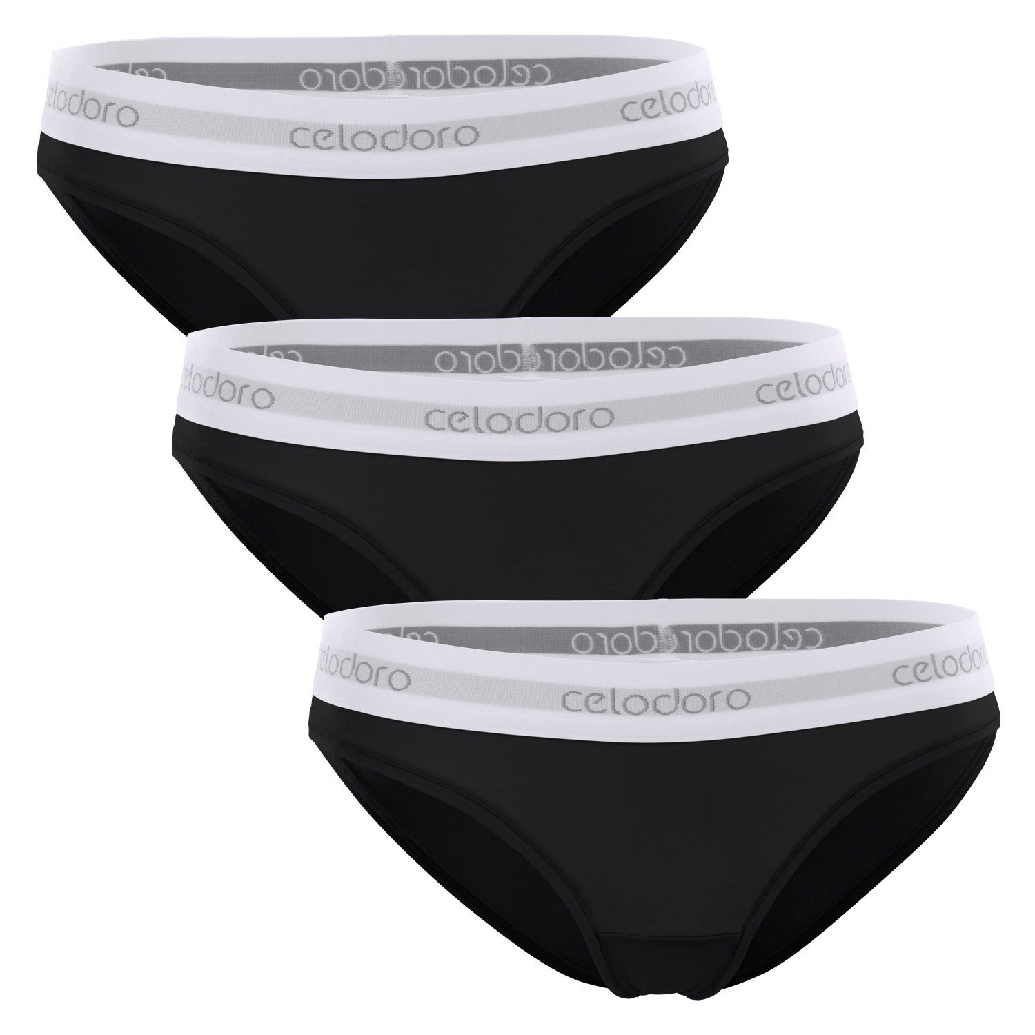 celodoro Slip Damen Bikini Slip, Markenlogo (3er Schwarz Webgummi-Bund Pack)