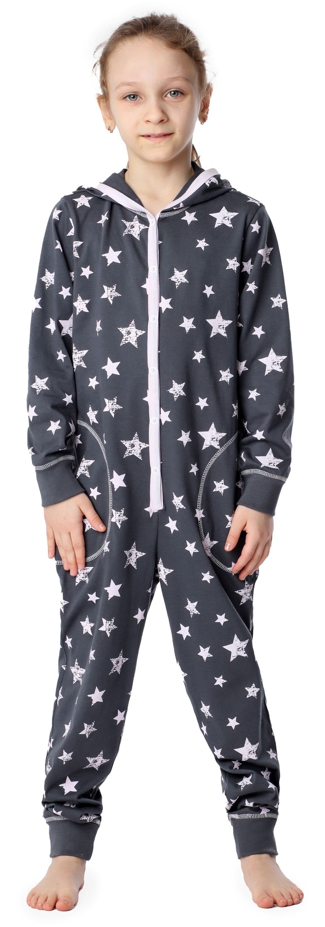 Merry Style Schlafanzug Mädchen Schlafoverall mit Kapuze MS10-223 Grau Rosa Sterne | Pyjamas