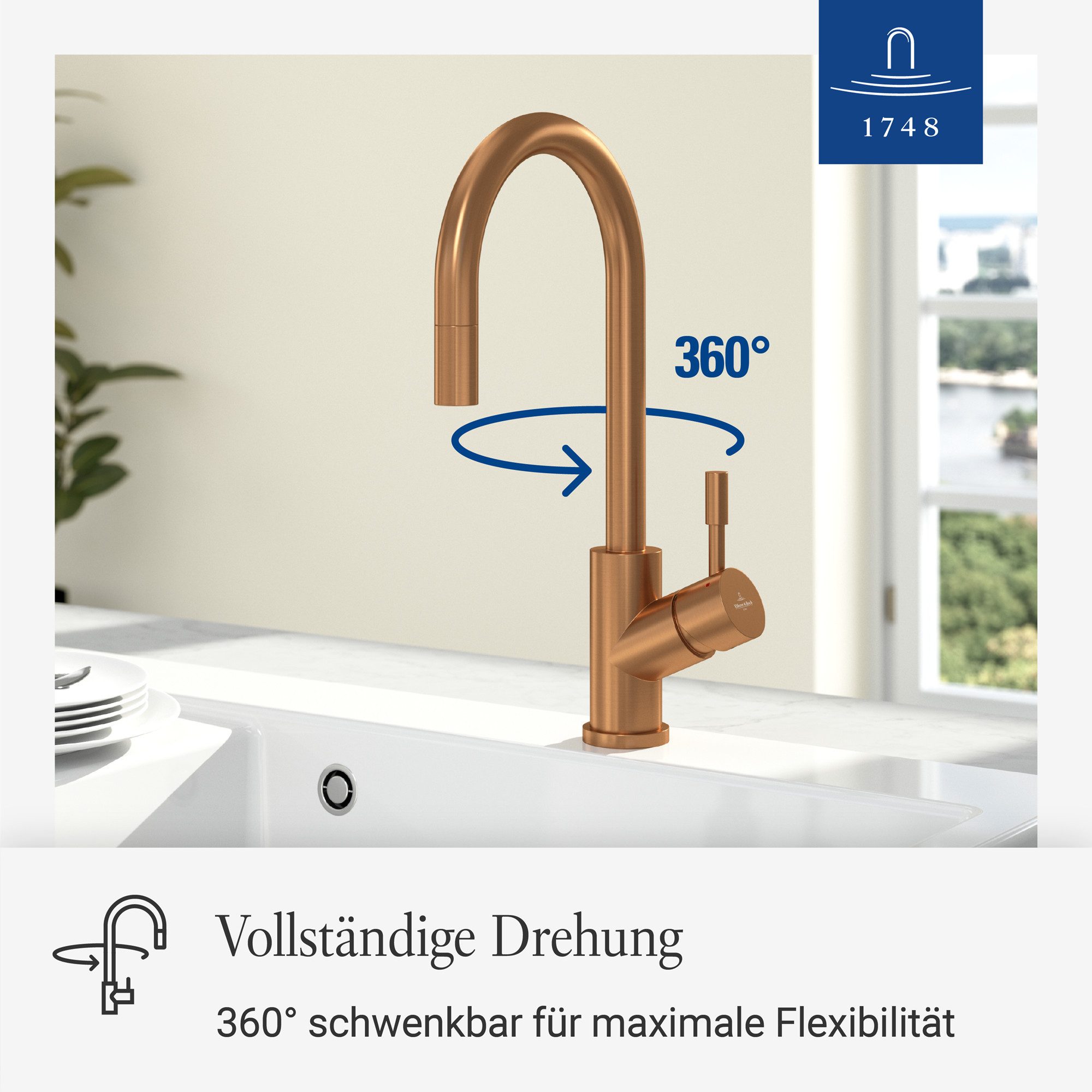 Villeroy & Boch Küchenarmatur Umbrella Flex ausziehbare Handbrause, 360° Schwenkbereich, Bronze