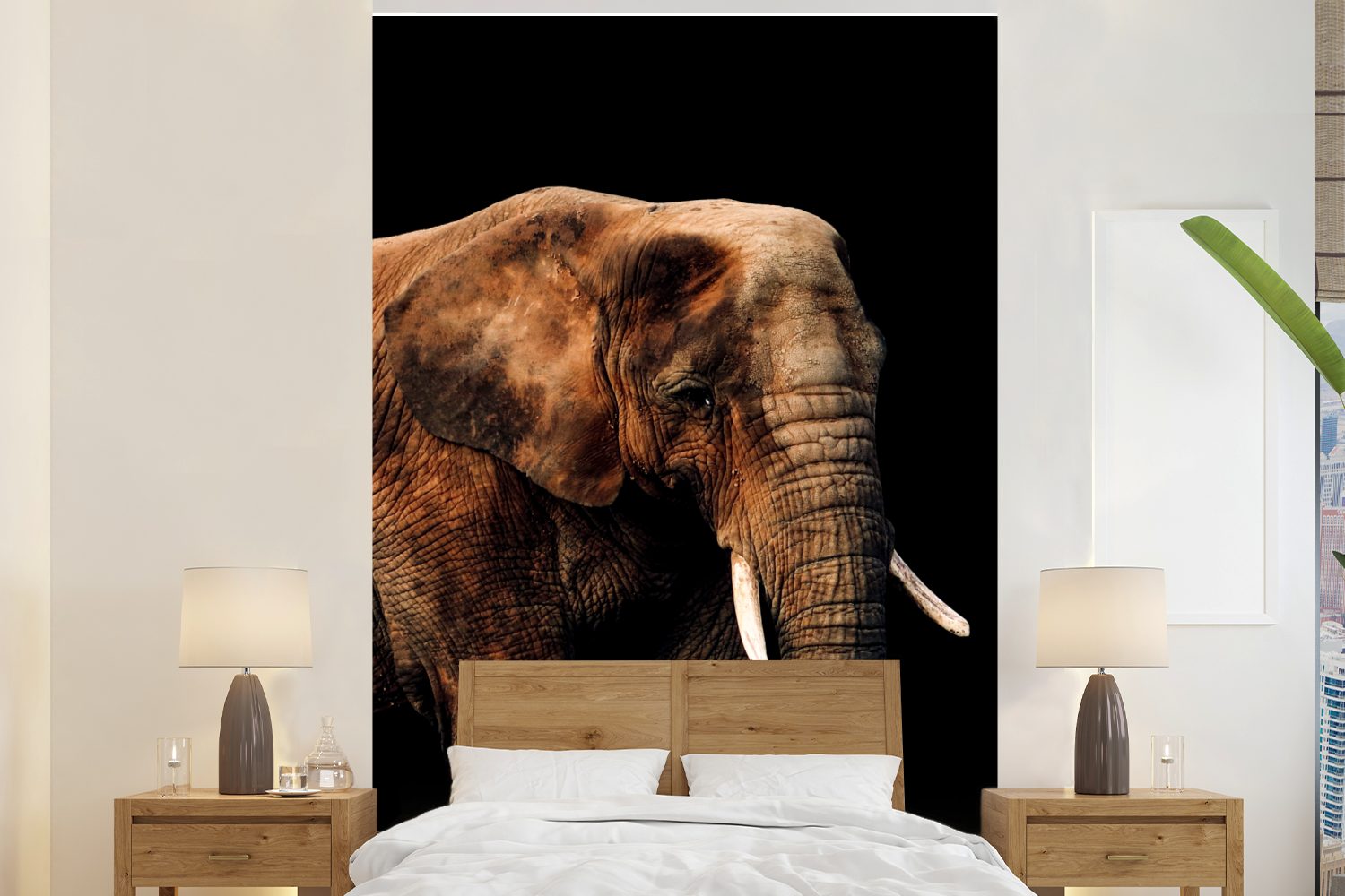 Wandtapete Terrakotta, - (3 St), Montagefertig Elefant MuchoWow Fototapete für Wohnzimmer, - Tapete Schwarz Matt, bedruckt, Vinyl