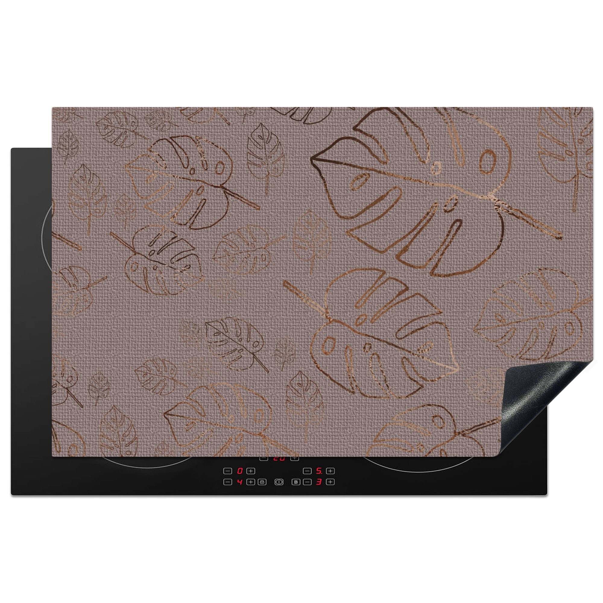 MuchoWow Herdblende-/Abdeckplatte Muster - Lila - Bronze - Blätter, Vinyl, (1 tlg), 81x52 cm, Induktionskochfeld Schutz für die küche, Ceranfeldabdeckung