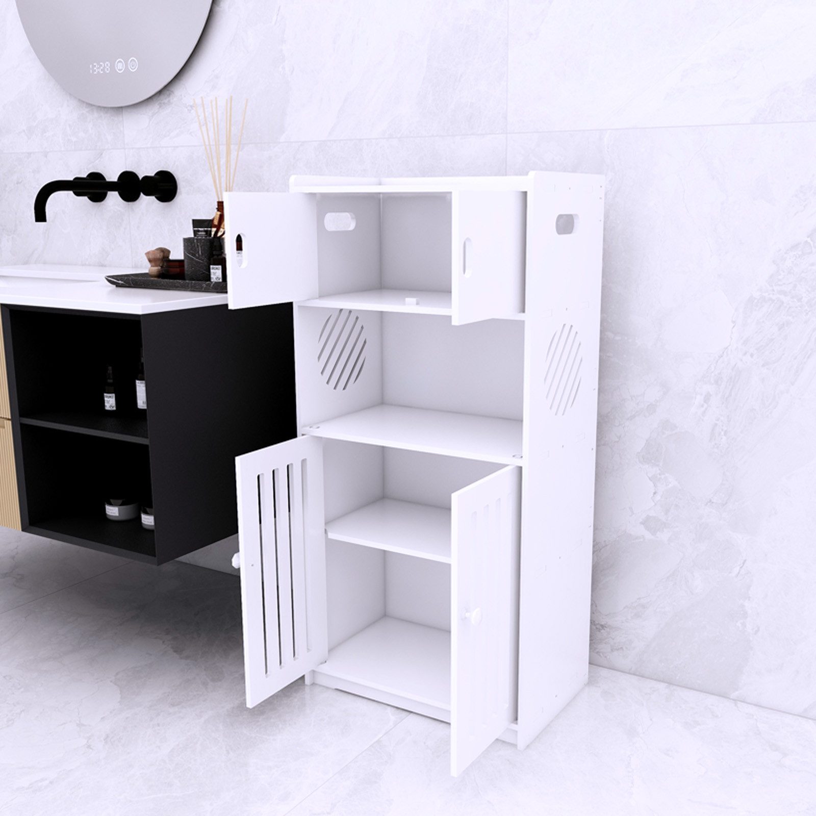 JEOBEST Badkommode Freistehende Bodenschränke, Beistellschrank, Aufbewahrungsschrank, Platzsparendes Badmöbel, Weiß 75x22x36cm – Bild 2 von 5