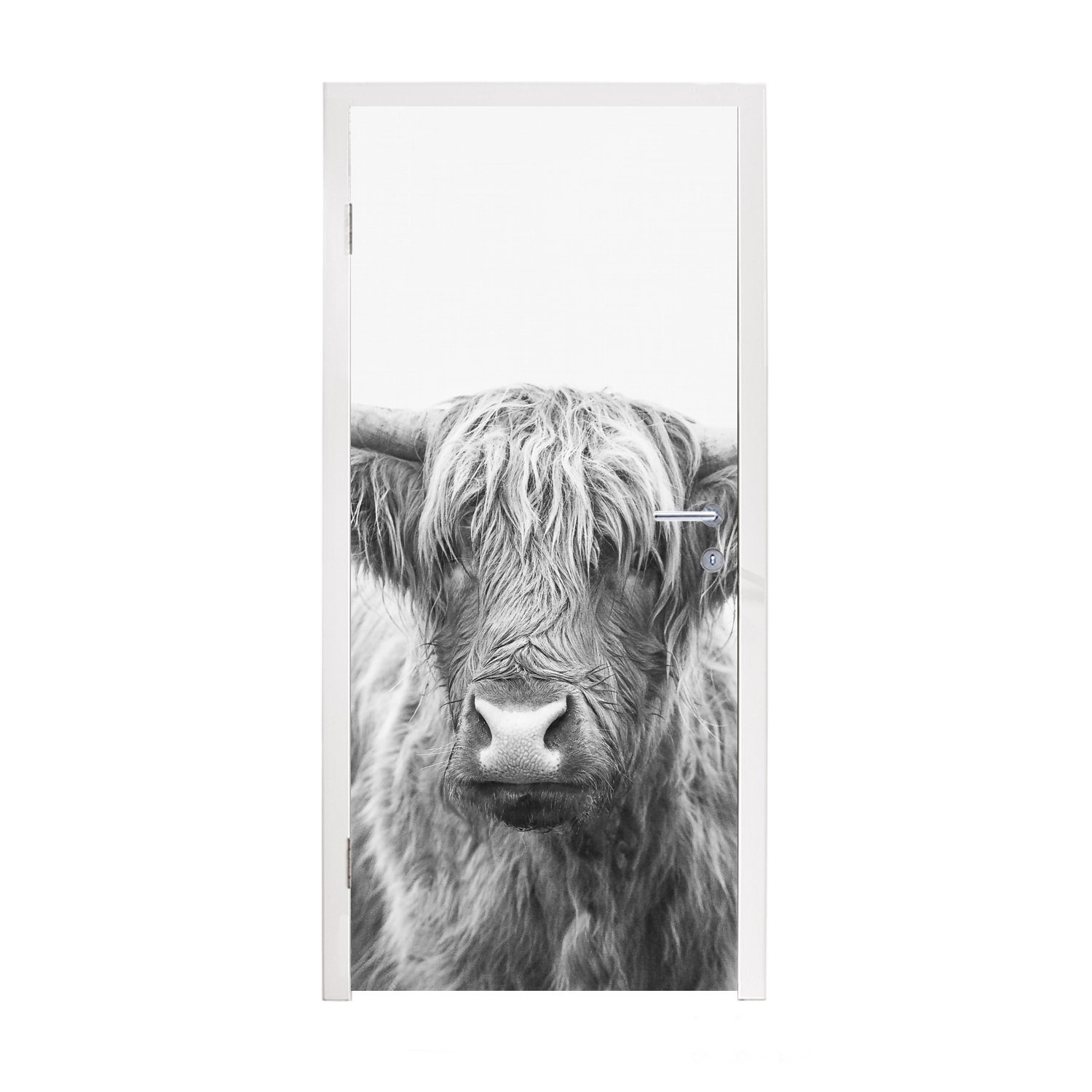 MuchoWow Türtapete Schottischer Highlander - Tiere - Hörner - Schwarz und weiß, Matt, bedruckt, (1 St), Fototapete für Tür, Türaufkleber, 75x205 cm