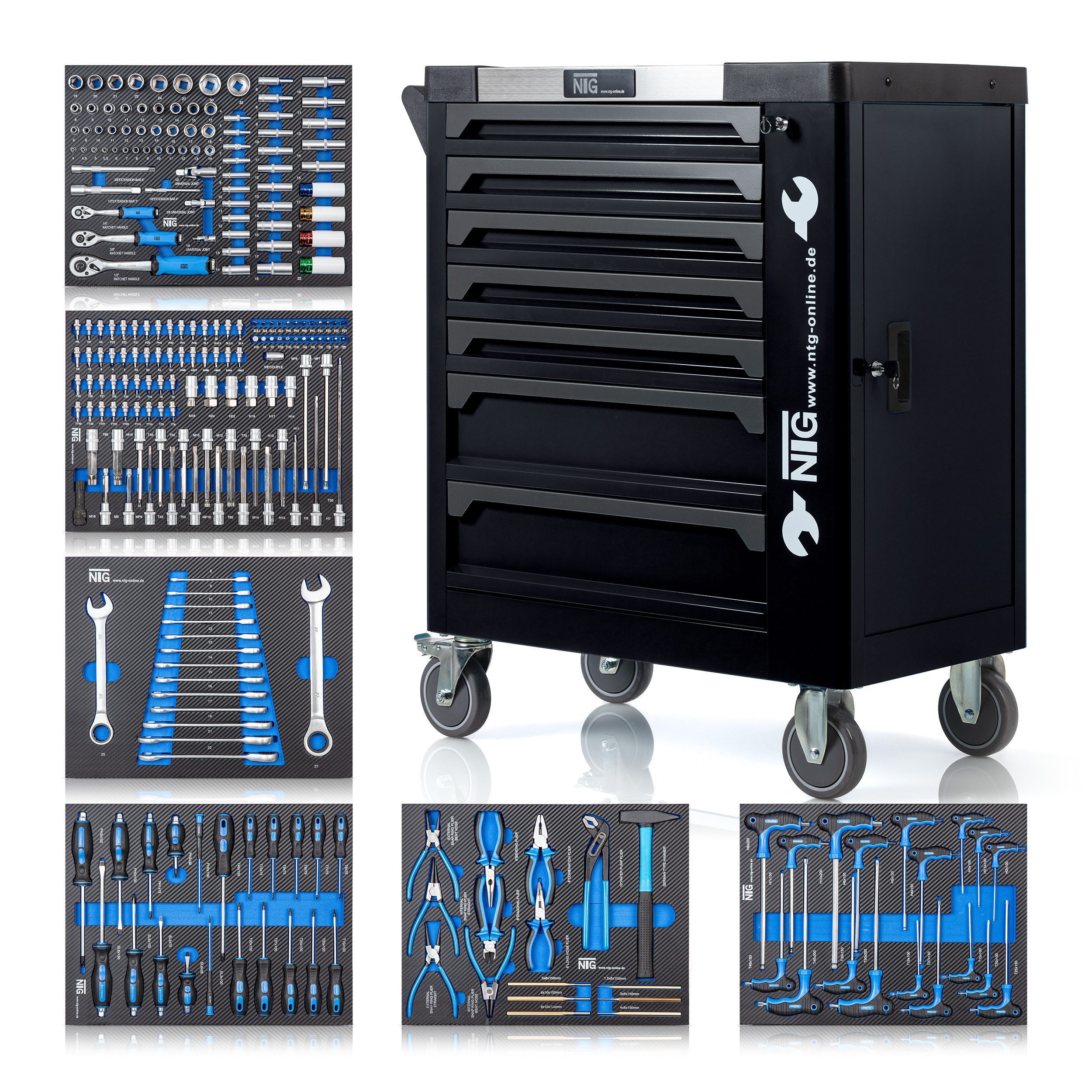 NTG Nutzfahrzeug Technik GmbH Werkstattwagen Schwarz Werkstattwagen Rollwagen inkl. Werkzeug 252 Teile 7 Schubladen, 252-tlg. Werkzeugset, (252-tlg), Soft Inlays in Carbonoptik
