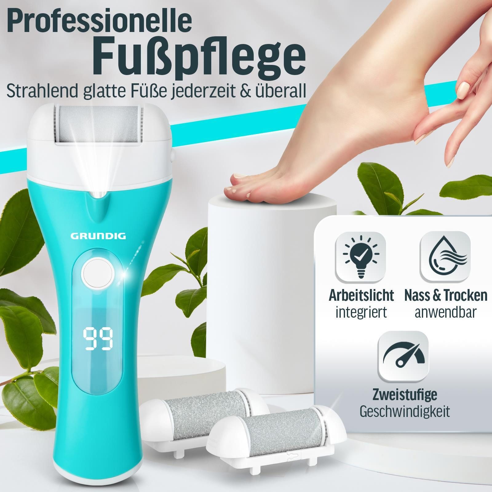 Grundig Elektrischer Hornhautentferner Premium Akku Hornhaut Entferner, nass/trocken nutzbar,mit Arbeitslicht,3 Fuß Rollen,wiederaufladbar