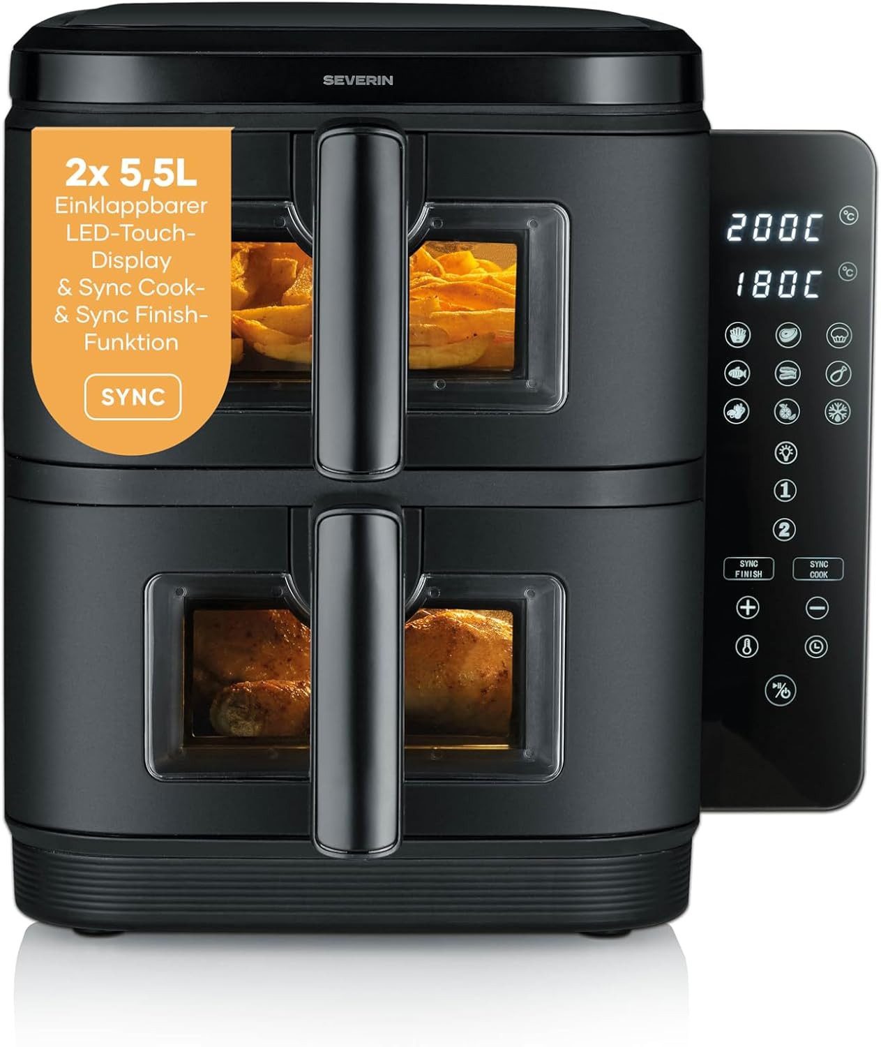 Severin Heißluftfritteuse FR 2468, 2800 W, 2 Kammern, XXL-Doppelstock Airfryer, 11l, schwarz, Touchbedienung
