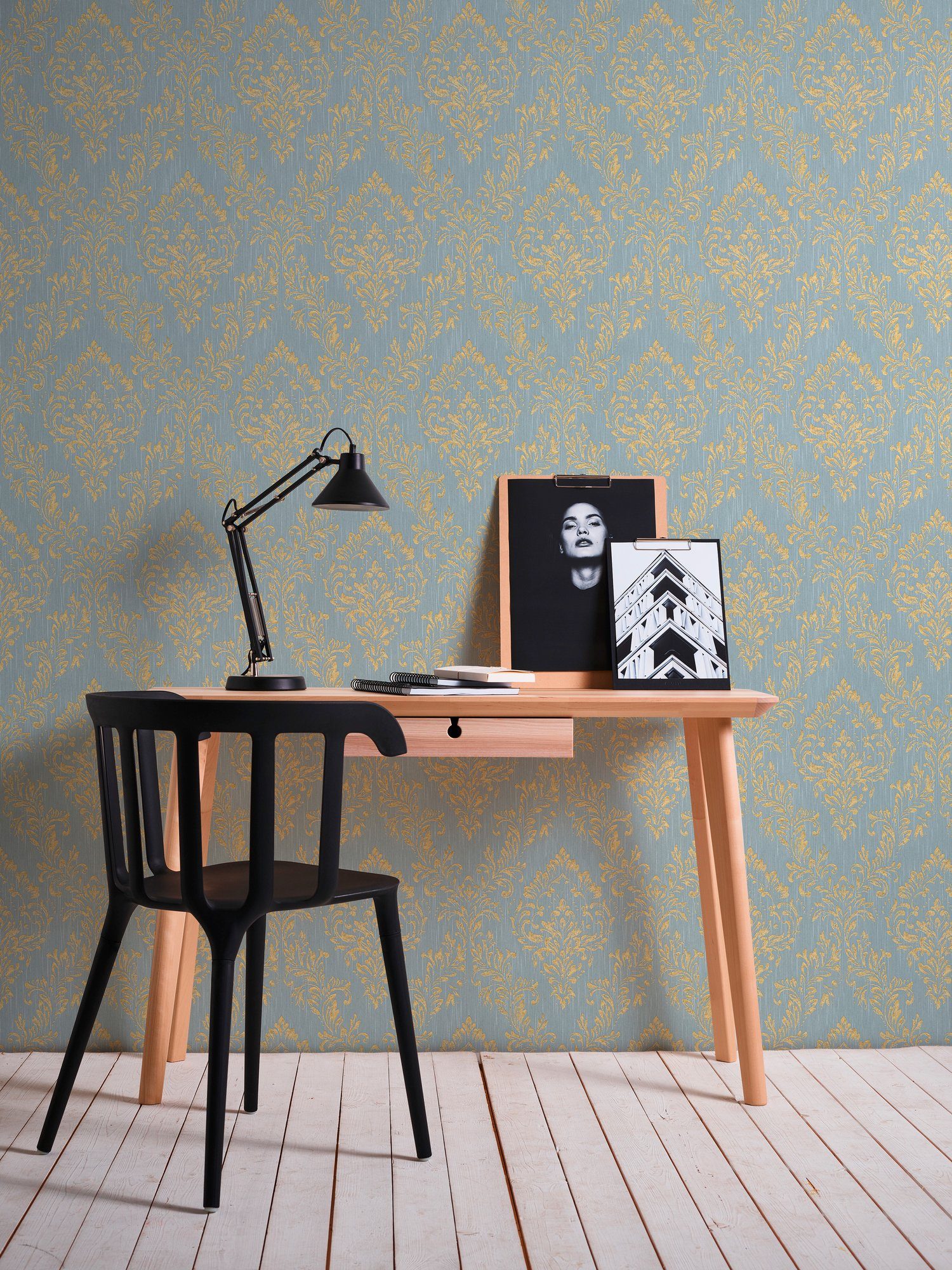 Tapete matt, Paper Silk, Création samtig, gold/blau/grün Barock, A.S. Architects Barock glänzend, Ornament Textiltapete Metallic