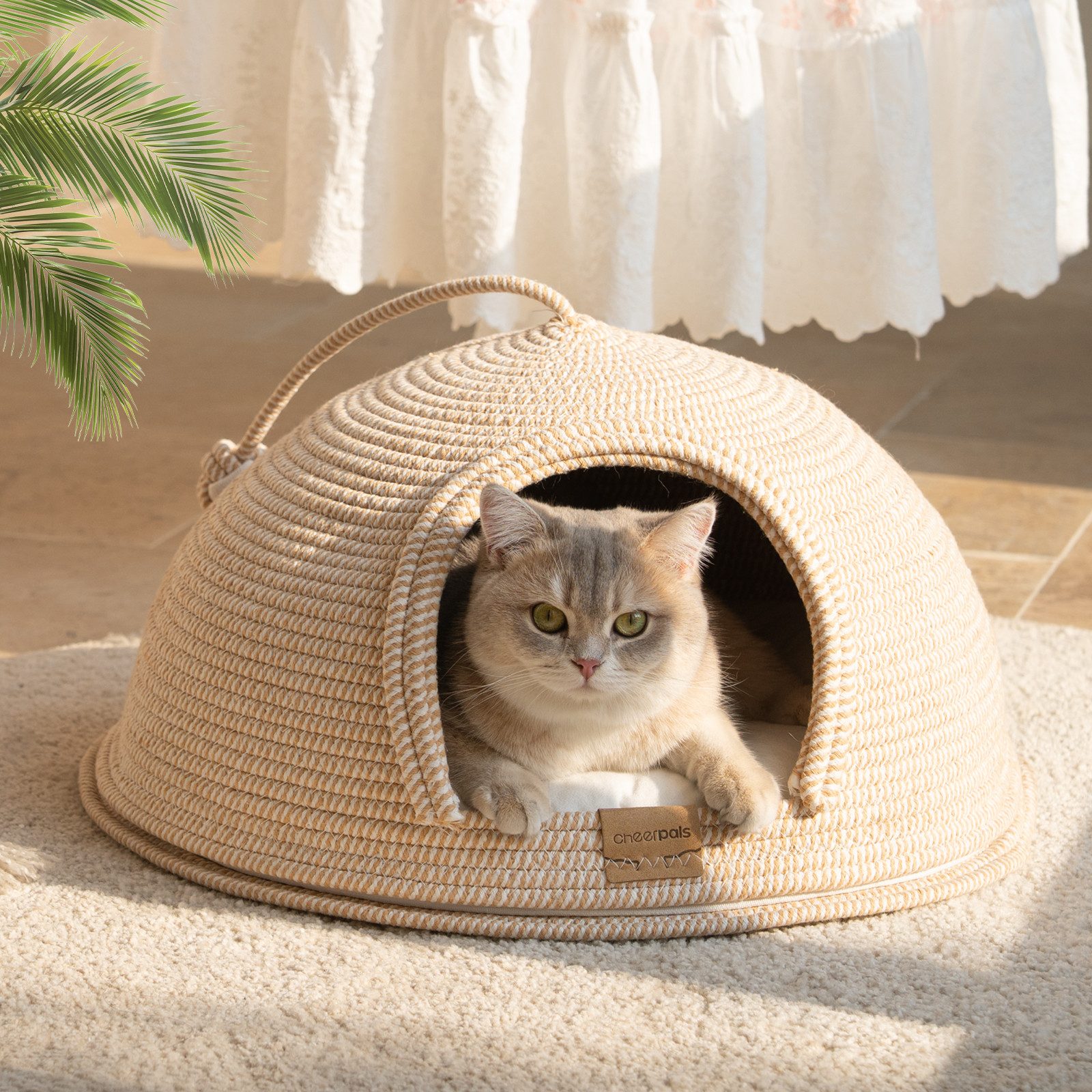 CheerPals Tierbett Formstabile 2-in-1 Katzenhöhle (53cm) aus kratzfestem Garngeflecht, Vliesstoff