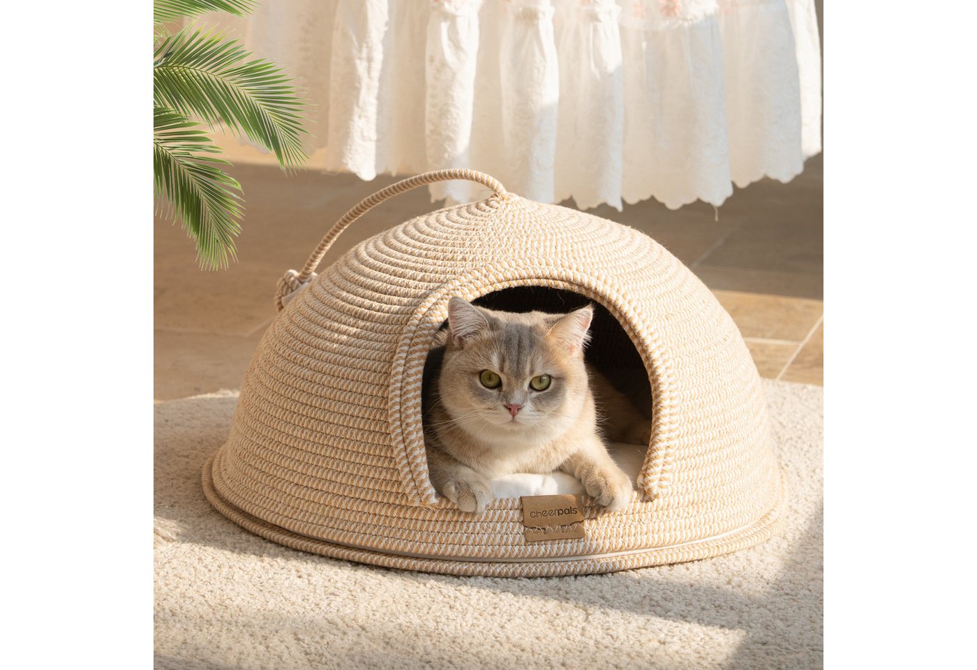CheerPals Tierbett Formstabile 2-in-1 Katzenhöhle (53cm) aus kratzfestem Garngeflecht, Vliesstoff