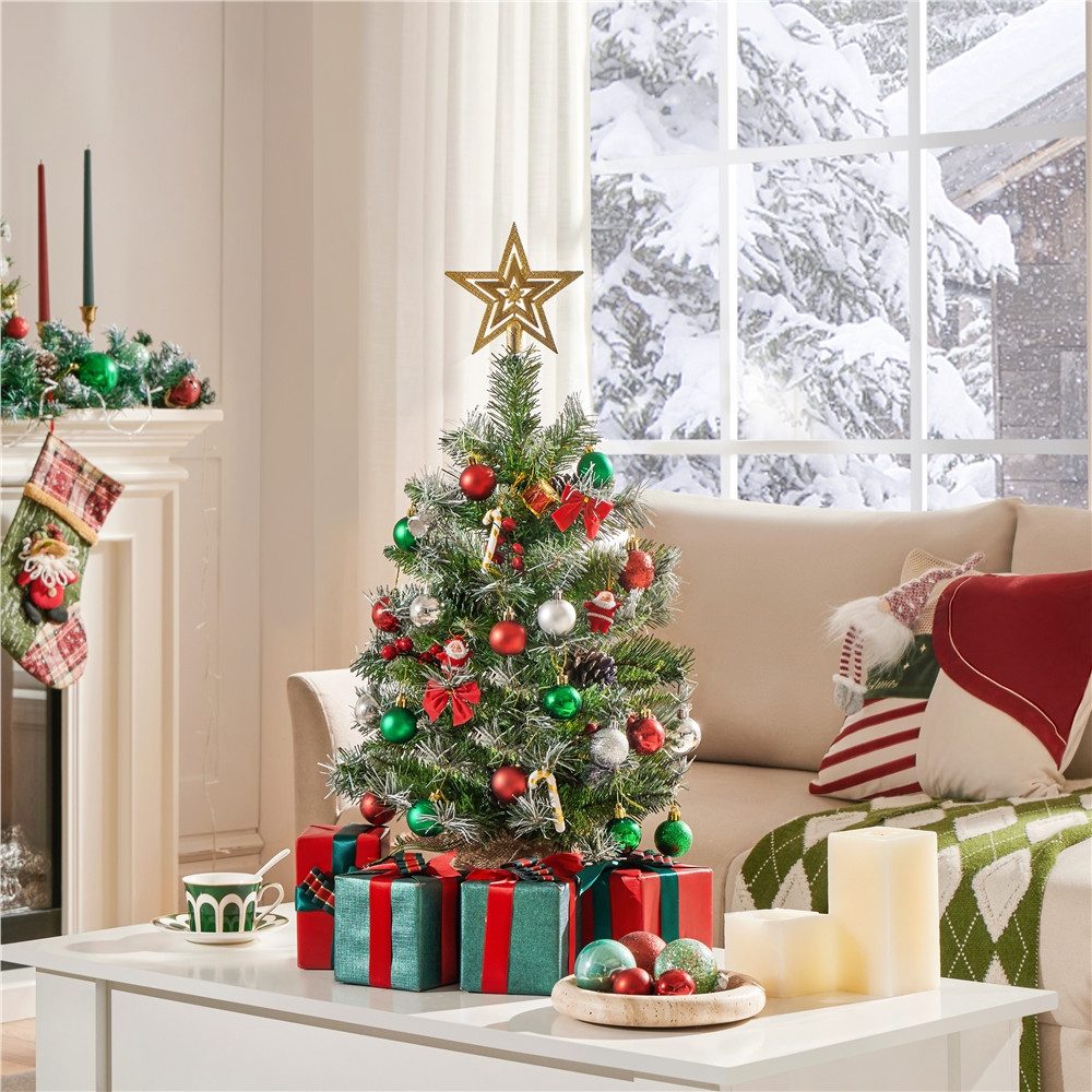 Yaheetech Künstlicher Weihnachtsbaum 61/92 cm (H), 2er-Set Tannenbaum mit Roten Beeren & LED-Lichtern & Tannenzapfen
