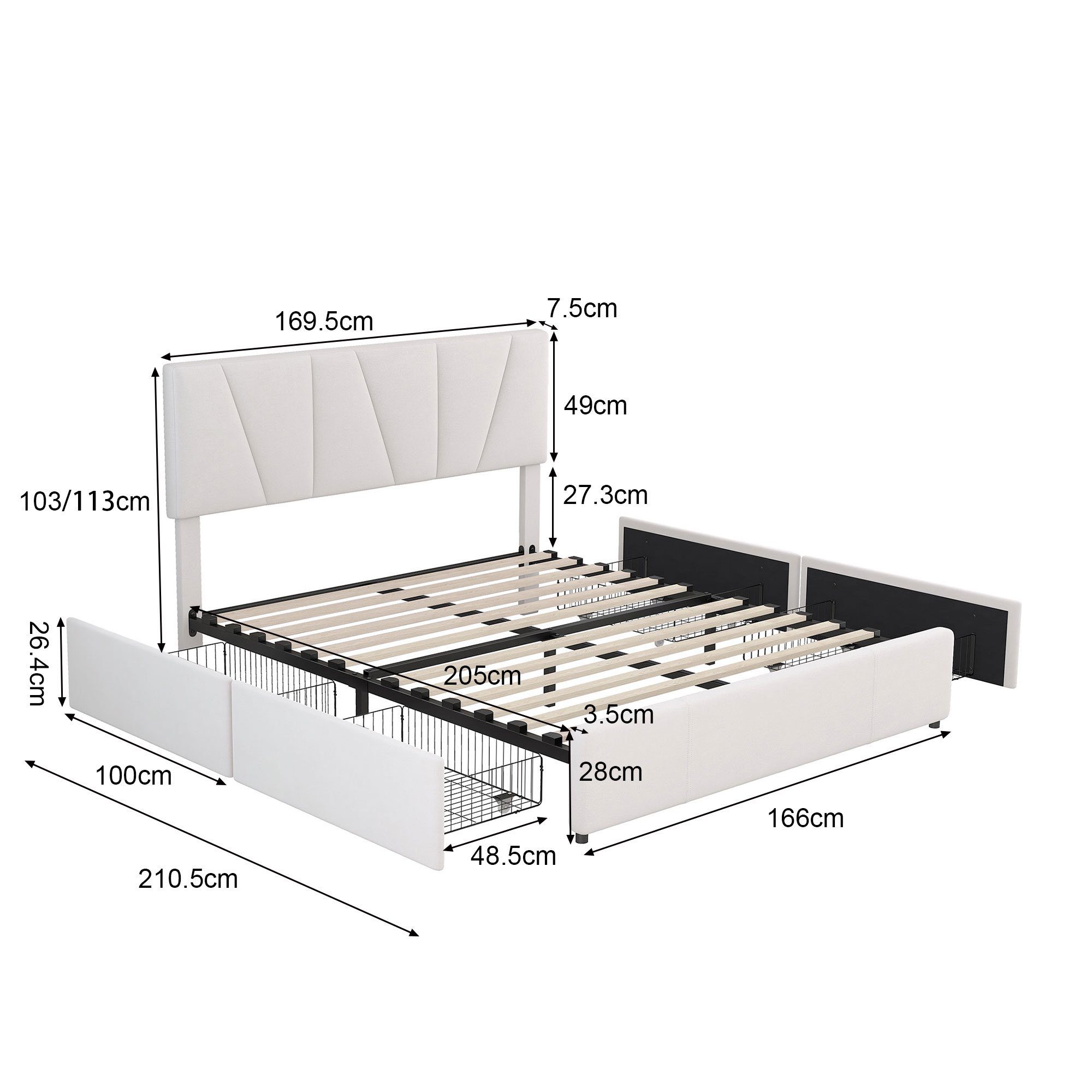 Doppelbett Verstellbares Schubladen, Polsterbett mit (1-tlg., 160×200CM Holzbett BlingBin Beige vier Stauraumbett Bett), Plattform Kopfteil,