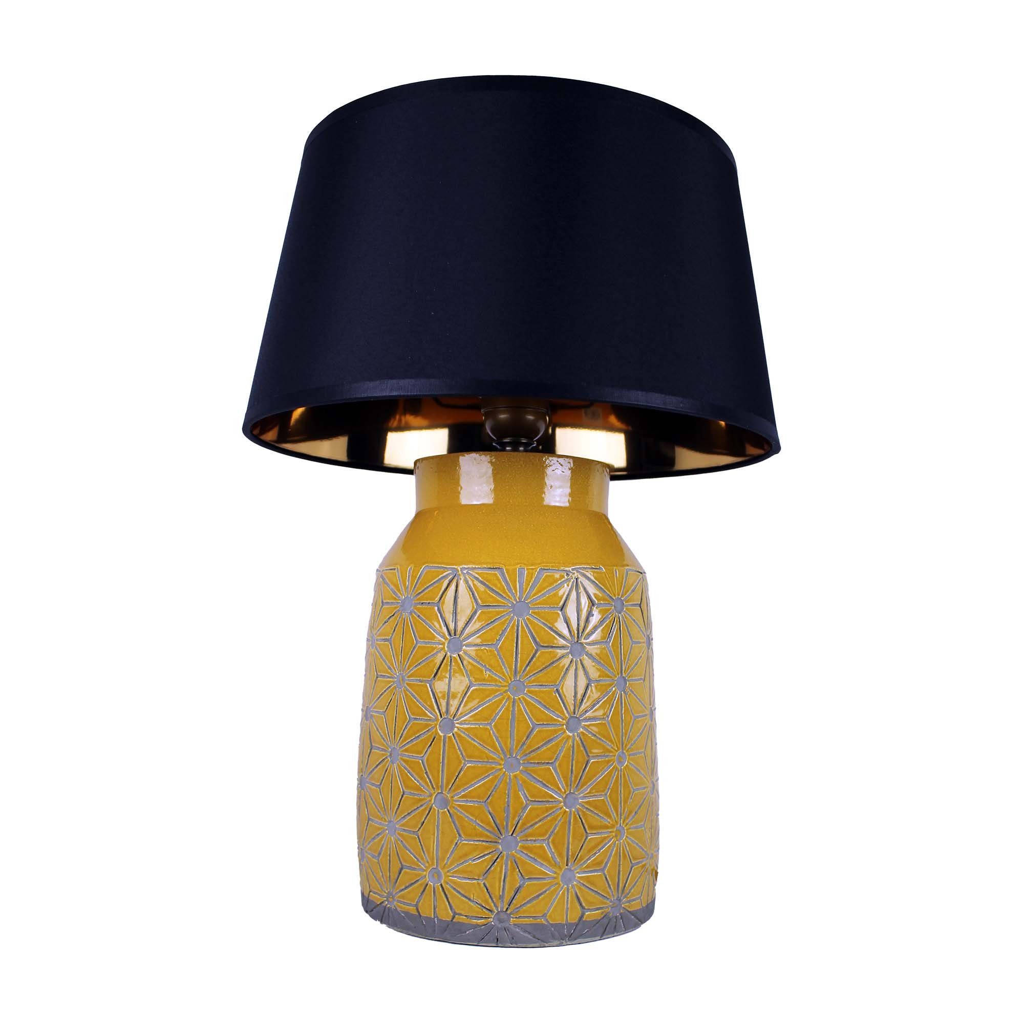 Cosy Home Ideas Nachttischlampe Tischlampe aus Keramik gemustert gelb mit Schirm schwarz, ohne Leuchtmittel, warmweiß, Tischlampe, als Nachttischlampe nutzbar