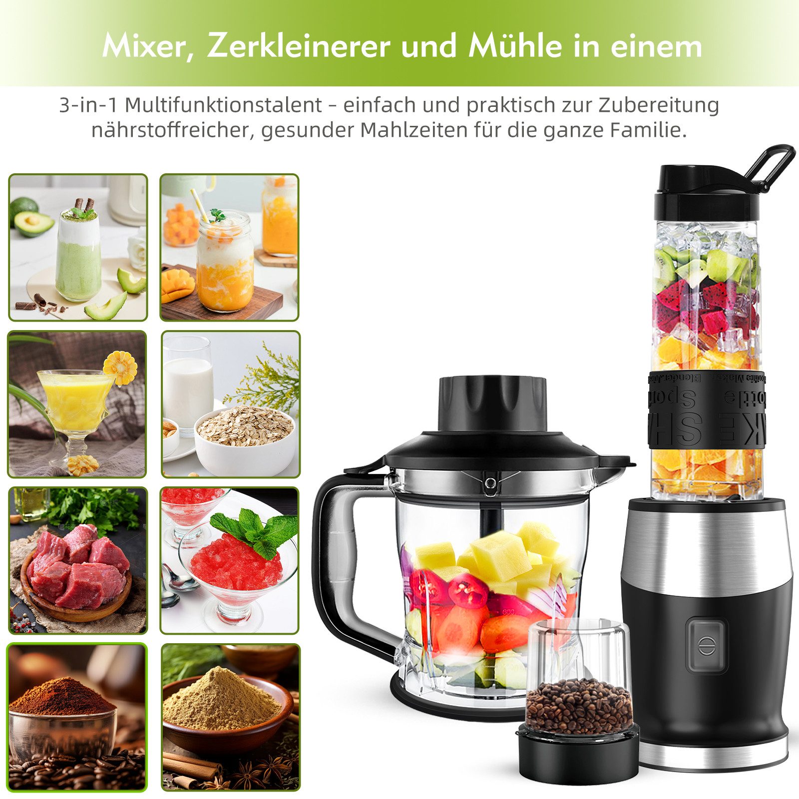 Fofile Standmixer 3-in-1 Mixer Smoothie Maker Zerkleinerer & Mühle mit Tragbarer Becher, 700 W, 24.000 U/min, 4 scharfen Edelstahlmessern, Ein-Knopf-Bedienung