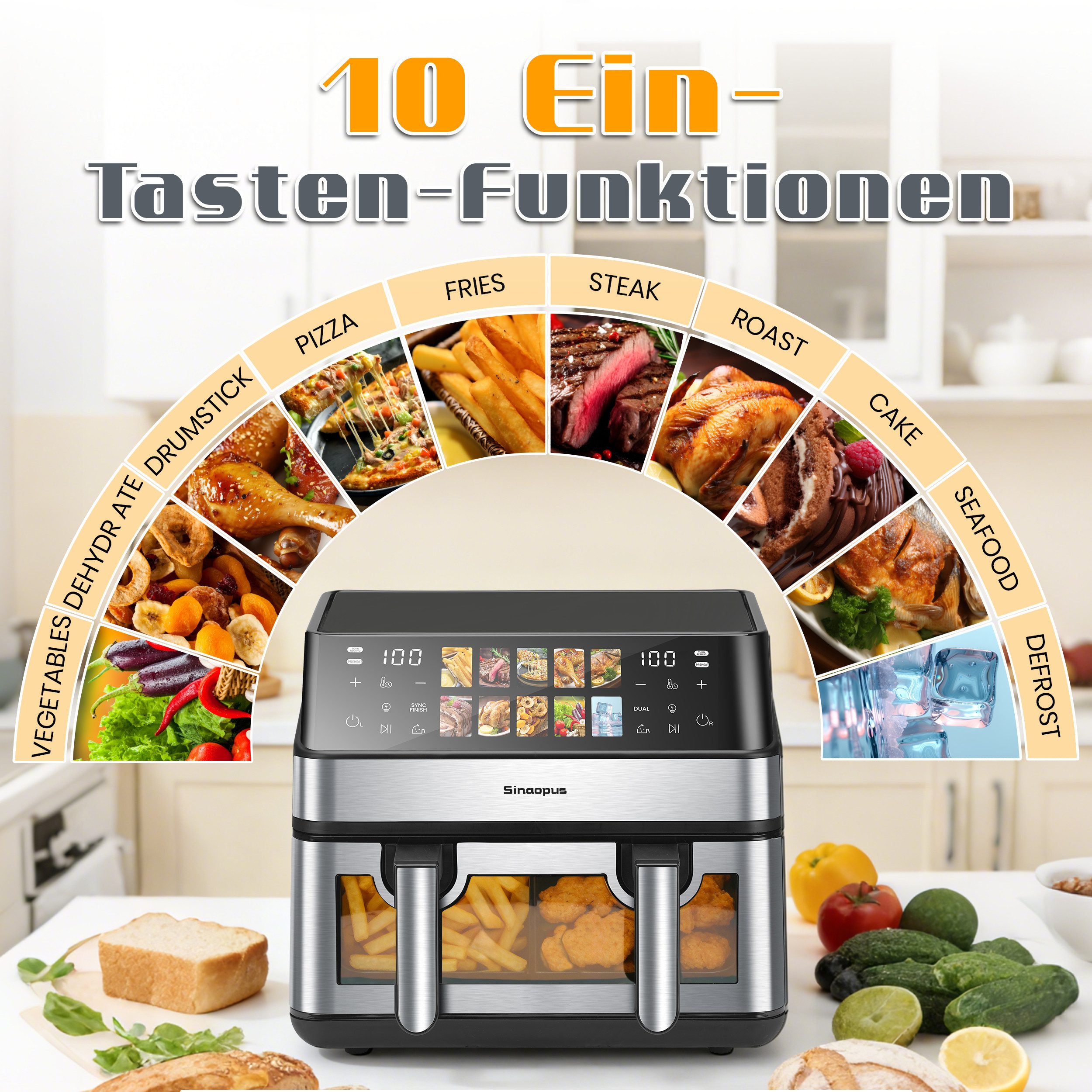 WHEELYOU Heißluftfritteuse Automatische Abschaltung, 10 Programme, 2000 W, 2000 W, 10 voreingestellte Programme, Touchscreen-Bedienung