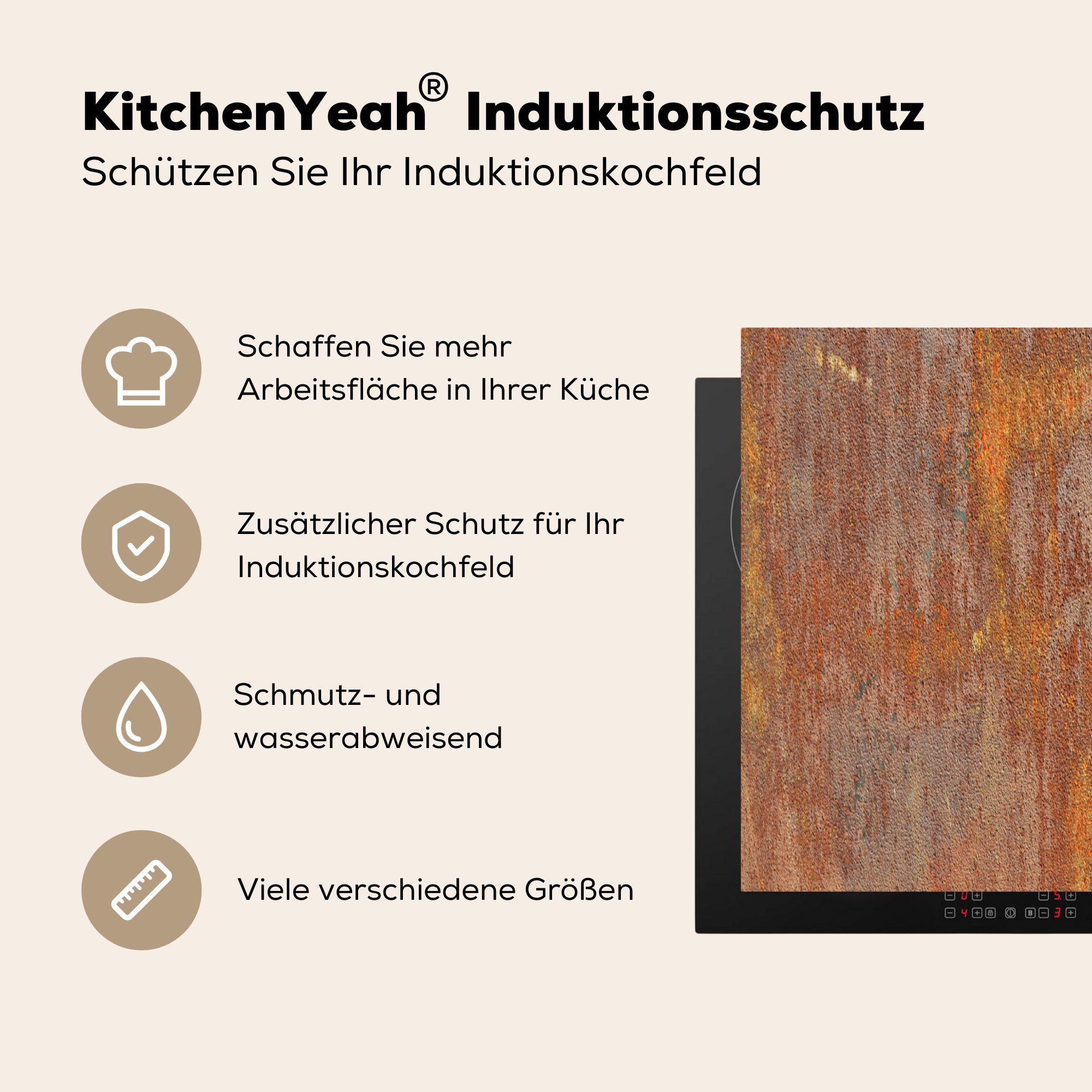 MuchoWow Herdblende-/Abdeckplatte Gelb Rost für - cm, Ceranfeldabdeckung, Vinyl, 78x78 Arbeitsplatte küche Orange, - (1 tlg)