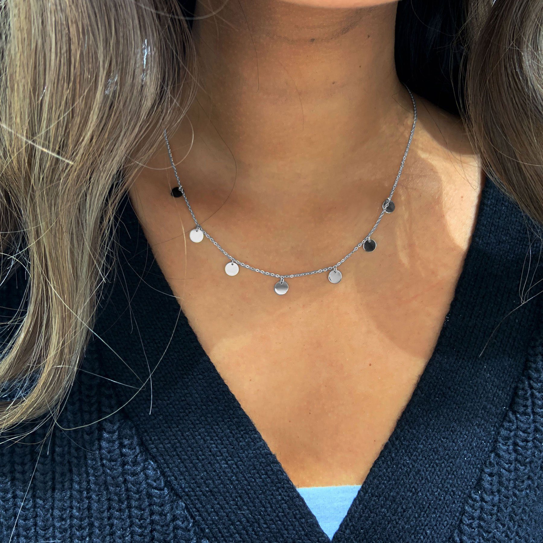 Stella-Jewellery Collier 585er Weißgold Halskette mit 7 Plättchen 45 cm, 585 Weißgold 7 Plättchen