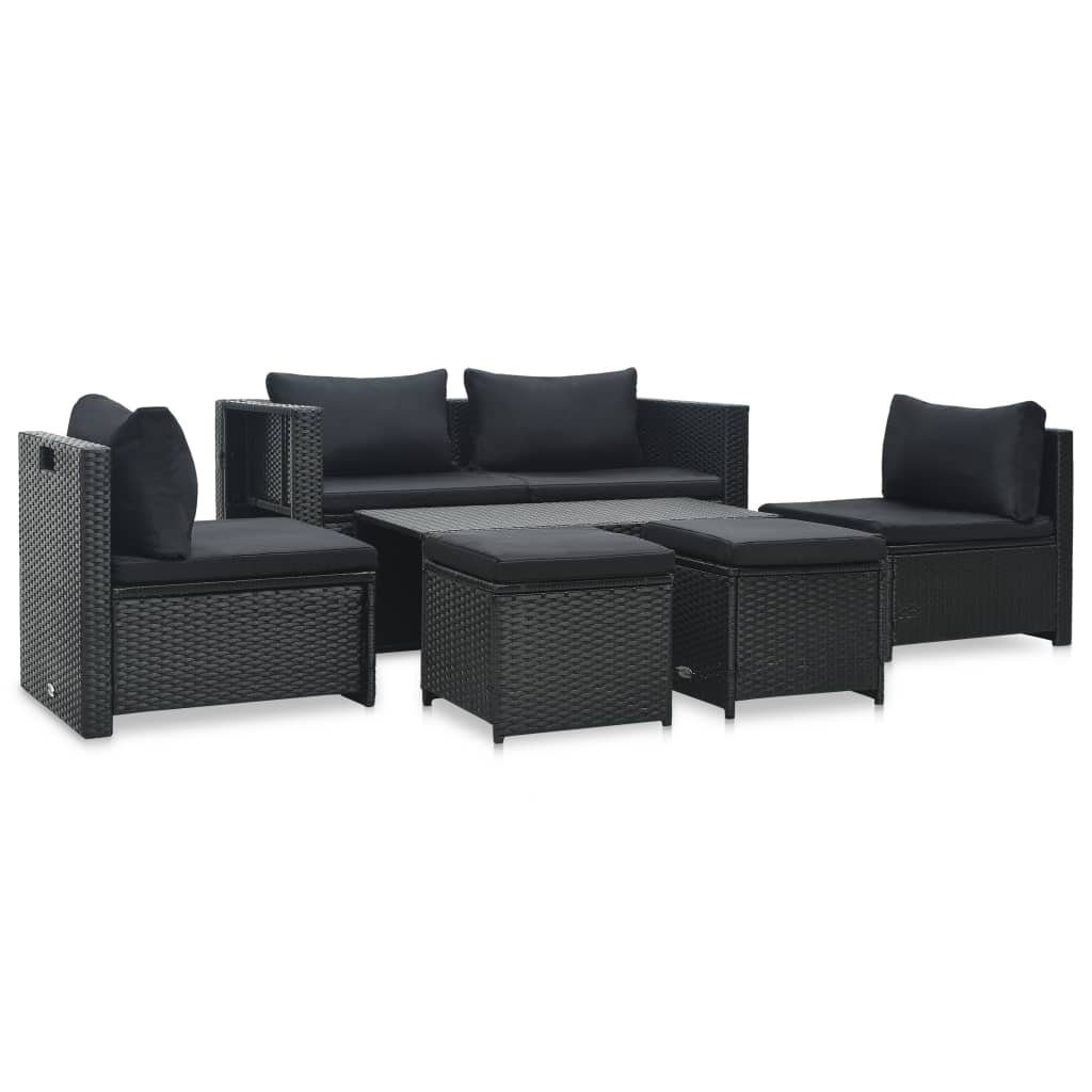 vidaXL Gartenlounge-Set Poly Auflagen Rattan mit (6-tlg) Schwarz, 6-tlg. Garten-Lounge-Set