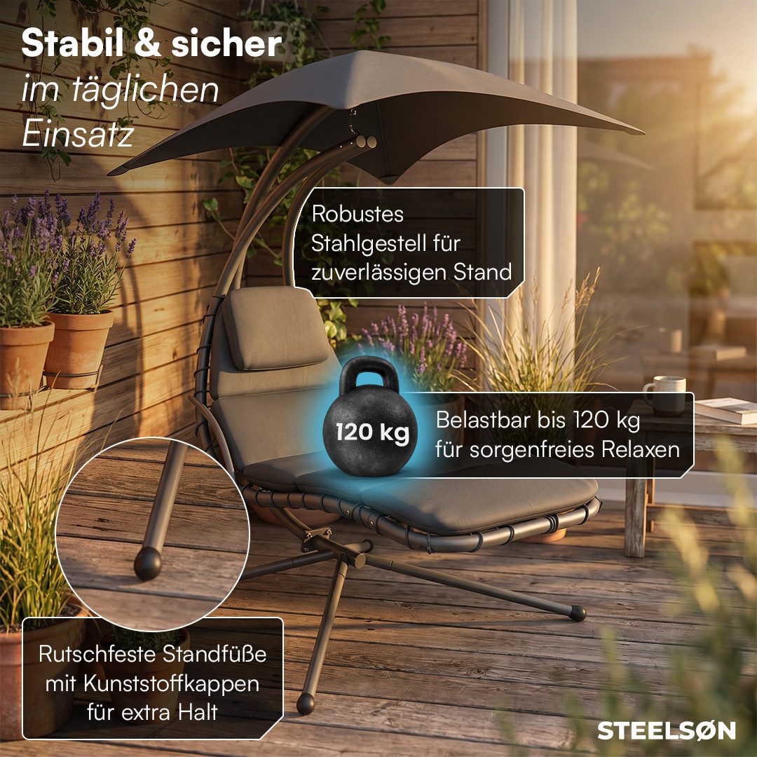 STEELSØN Hängesessel Nyria Schwebeliege mit Sonnendach (anthrazit, mit Kissen), schwerelose Schaukelliege bis 120 kg, Sonnenliege wetterfest