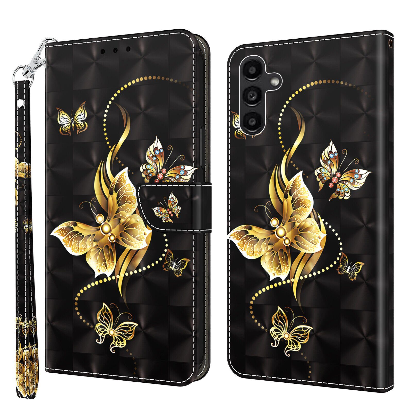 CLM-Tech Handytasche für Samsung Galaxy A16 / A17 5G Hülle aus PU Leder Klapphülle (goldene Schmetterlinge schwarz, Handyhülle mit Standfunktion - Wallet Flip Case inklusive Kartenfächer), Cover mit Magnetverschluss