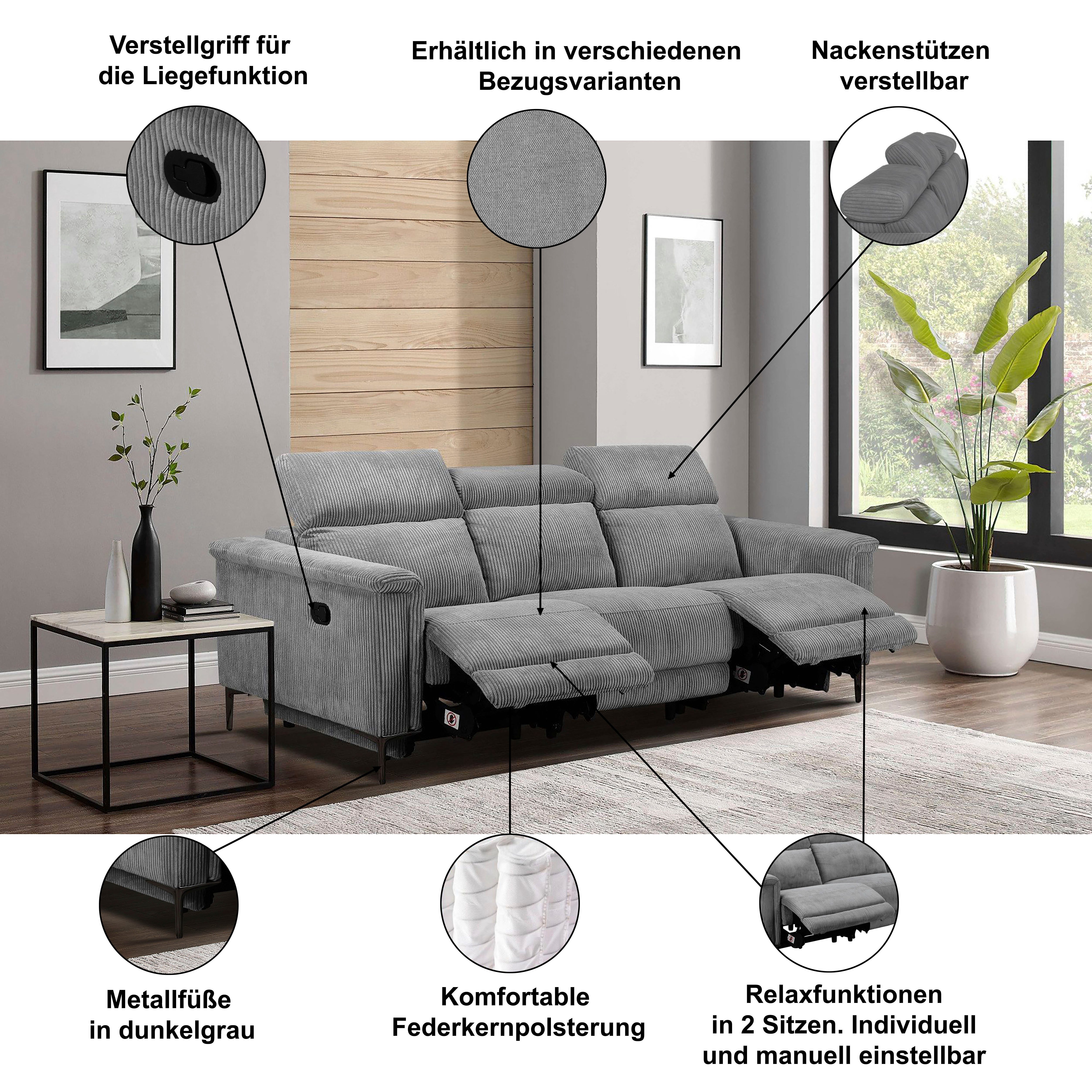 OTTO home 3-Sitzer LUND B: 222 cm - OTTO. Verlässliche Qualität. Mit Relaxfunktion, in 2 Sitzen (links/rechts), manuell/elektrisch (USB-C), Kopfteilverst.