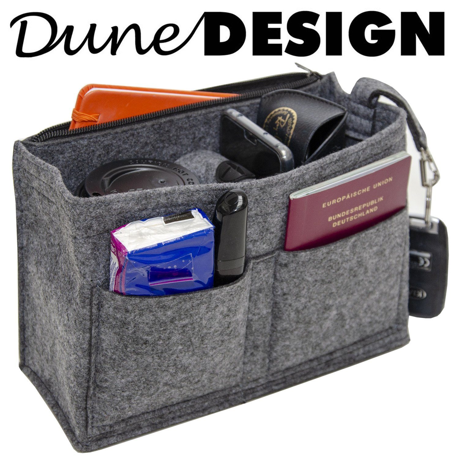 DuneDesign Taschenorganizer S - Filz Handtaschenorganizer mit Fächern für Handtasche und Rucksack, 23 x 10 x 16 cm Taschen Organizer - Innentasche für Damen Handtaschen