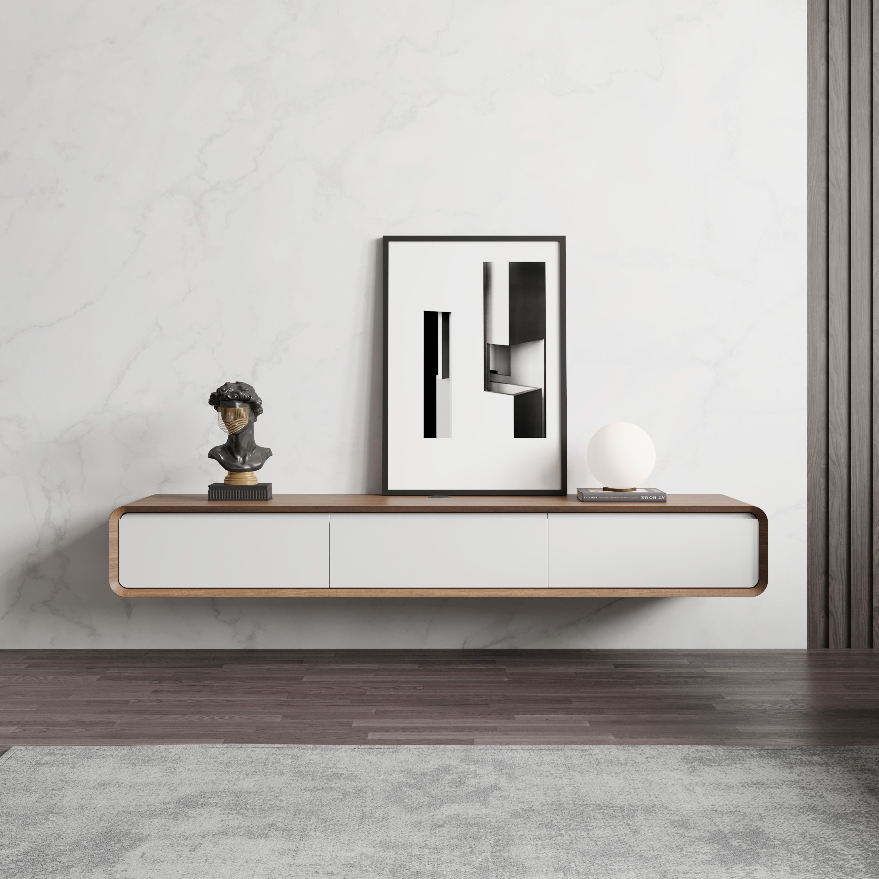 POVISON TV-Schrank Schwebendes Lowboard Hängend, MDF mit eleganter Walnussoptik-Furnier Bis 91 kg Traglast, passend für Fernseher bis 75 Zoll