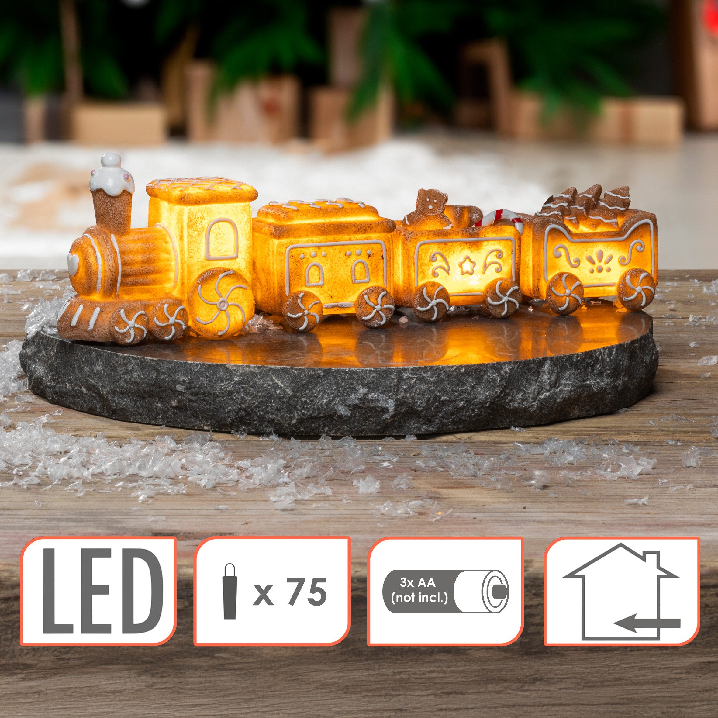 Spetebo LED Dekofigur Motiv Lebkuchenzug mit 3 Wagons, 4-teilig, LED wechselbar, warm weiß, 4-teiliger Weihnachtszug mit LED Beleuchtung