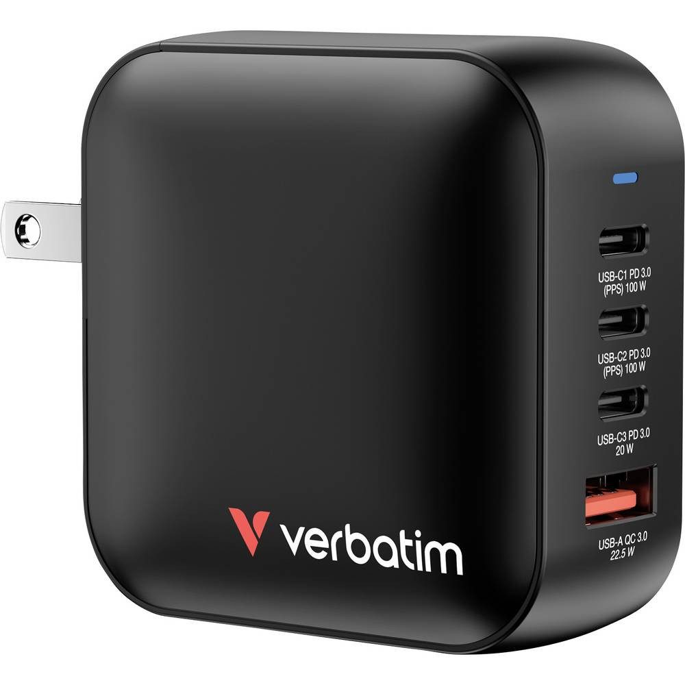Verbatim Mini-GaN-Ladegerät, 100W, 4 Anschlüsse 32231 USB-Ladegerät (Schnellladegerät, GaN, mit Europa-Adapter, mit UK-Adapter)