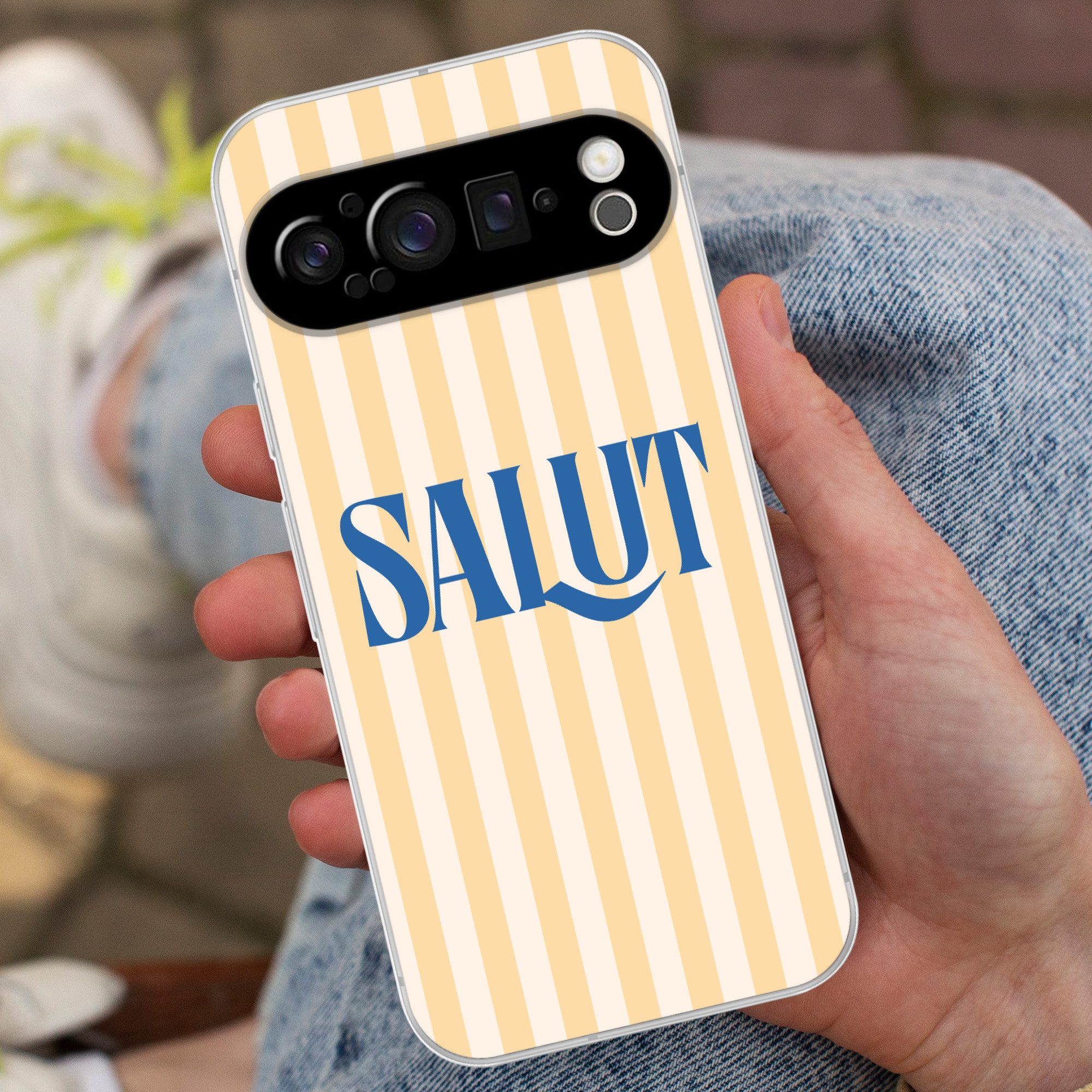 MuchoWow Handyhülle für Google Pixel 9 Pro Salut - Zitat - Streifen - Gelb - Blau - Weiß, Phone Case, Silikon, Schutzhülle Dünn