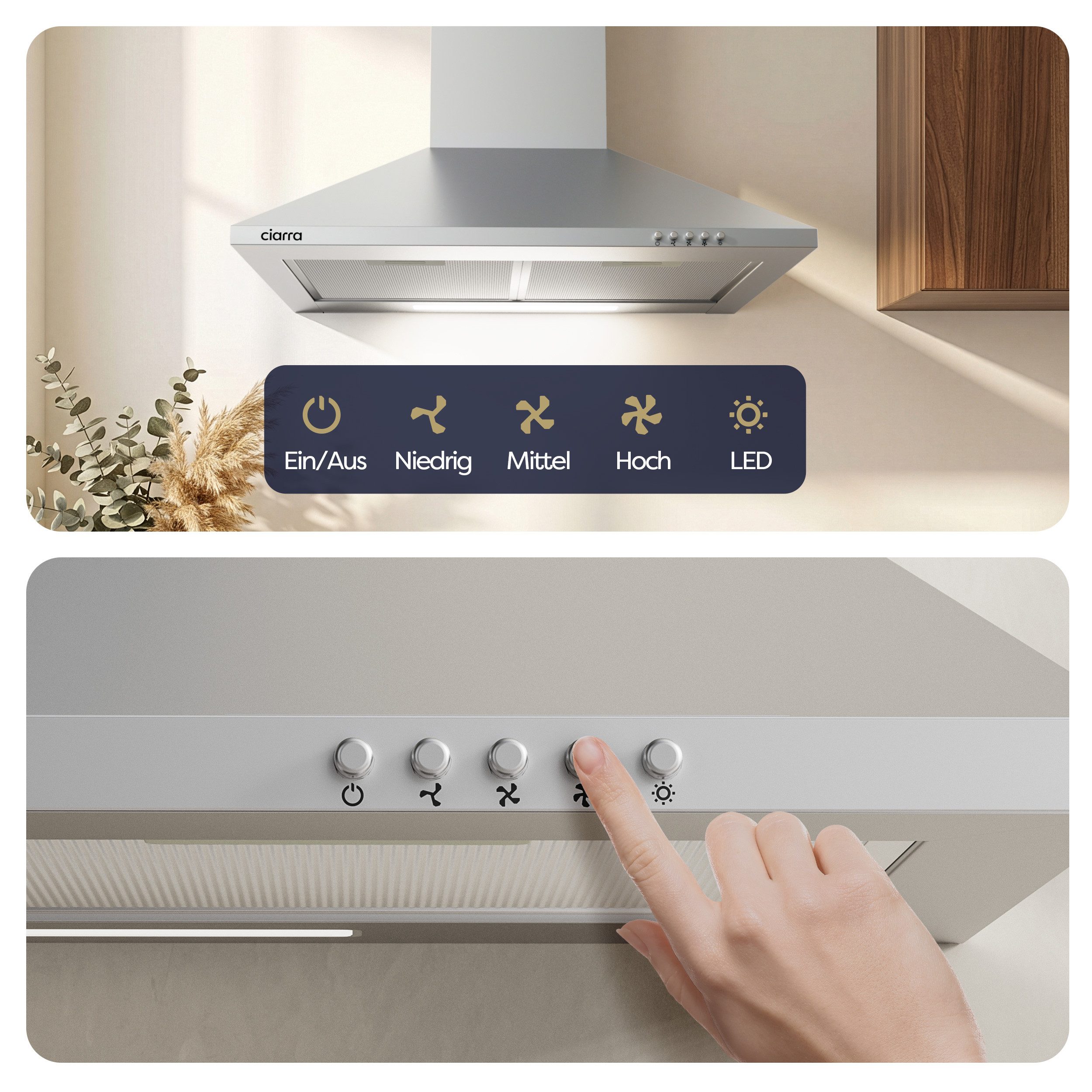 CIARRA Wandhaube 60 cm & 90 cm Dunstabzugshaube A++ 406 m³/h Umluft & Abluft 3 Stufen Serie CBCS6201 Dunstabzugshaube 60 cm A++ 404 m³/h Umluft & Abluft 3 Stufe – Bild 5 von 5