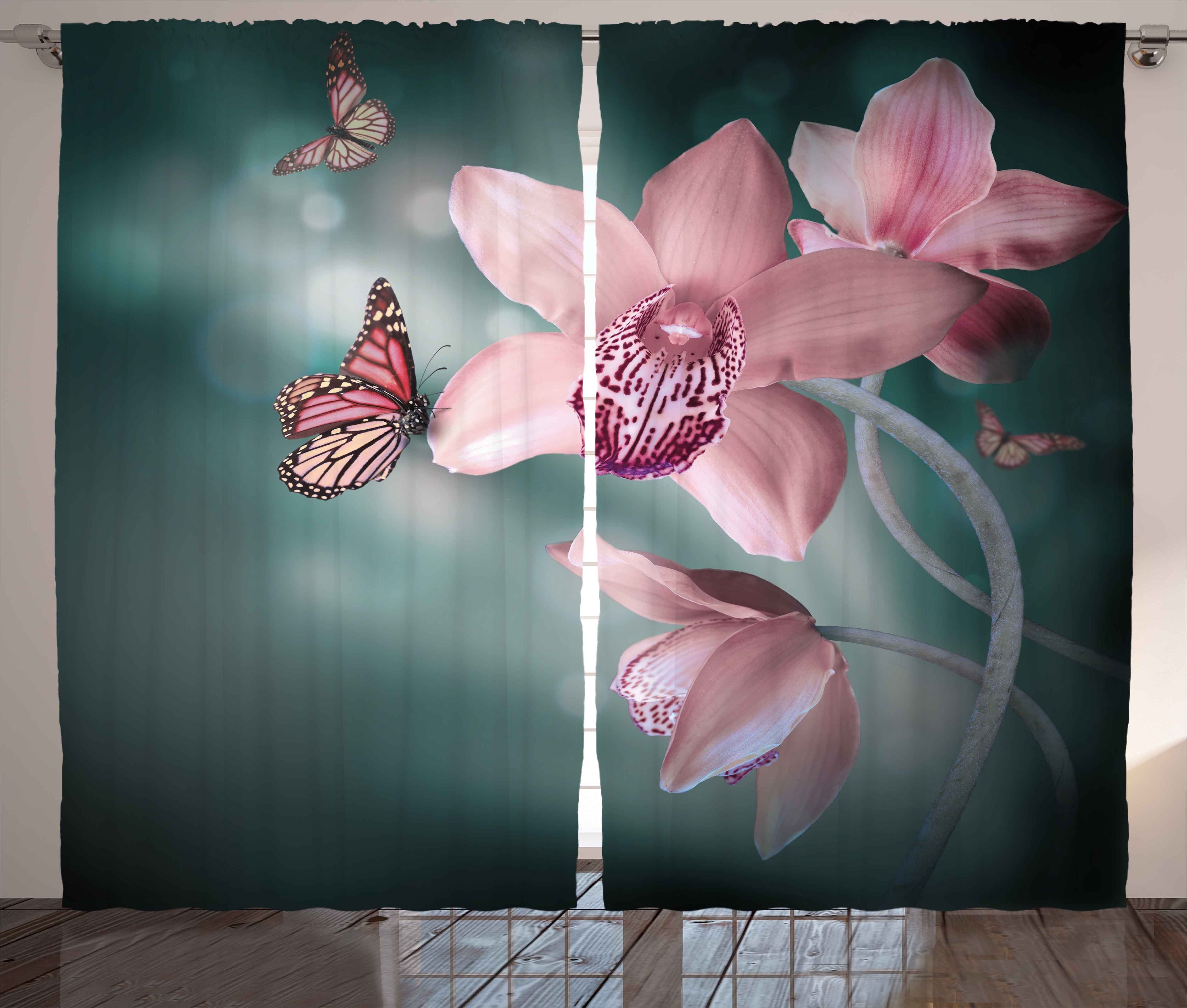 Gardine Schlafzimmer Kräuselband Vorhang mit Schlaufen und Haken, Abakuhaus, Blumen Orchideen-Blume Schmetterling