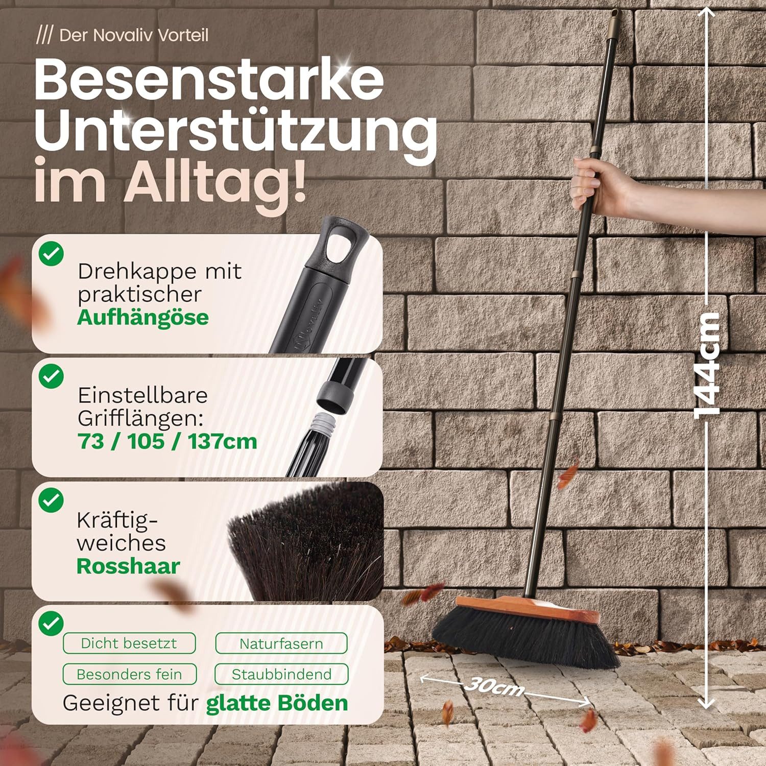 Novaliv Kehrgarnitur 19494-30656-1919-19532-1x, (1-tlg), Novaliv Zimmerbesen mit Stiel stabil ROSSHAAR Mischung Besen weiche Bo