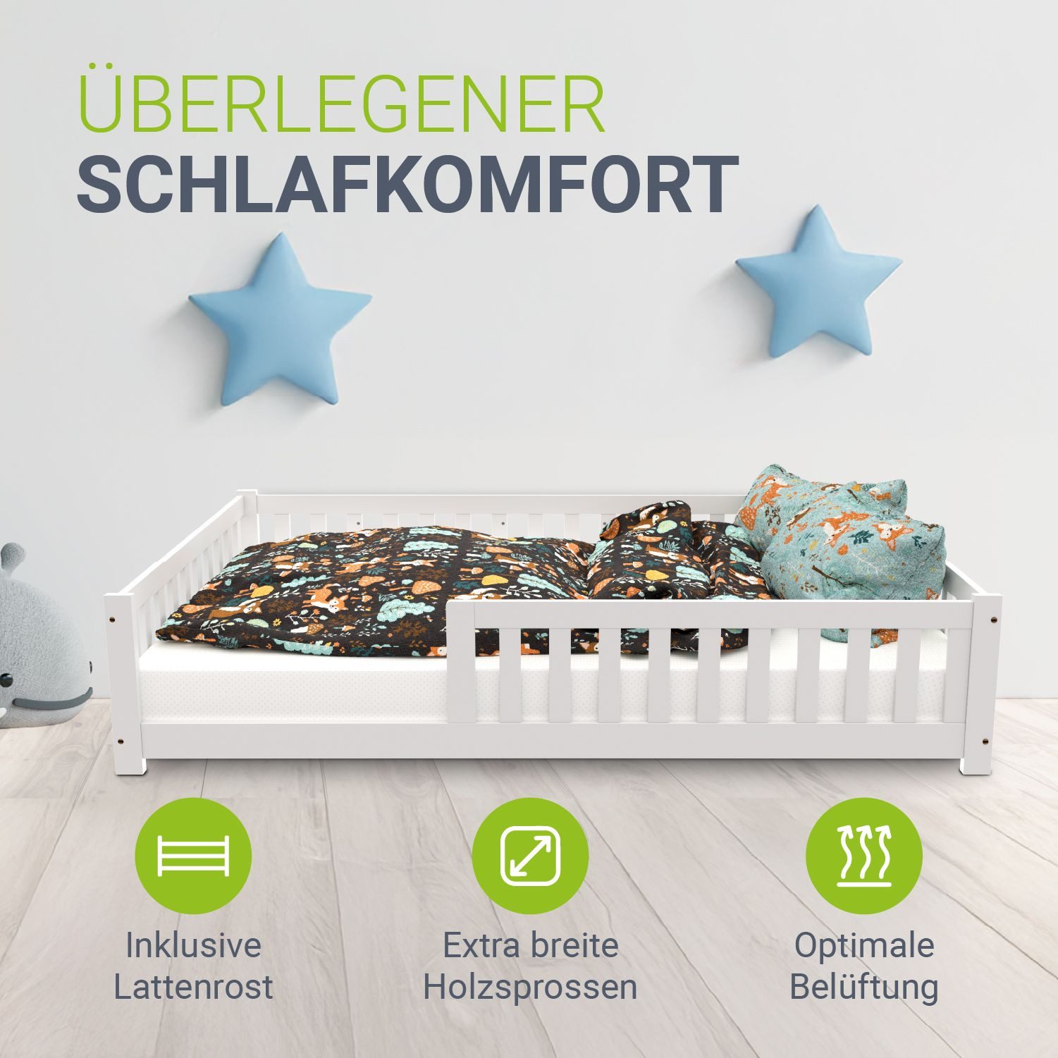 Juskys Kinderbett Naya, 140x200 cm Bodenbett aus Holz, mit Rausfallschutz & Lattenrost