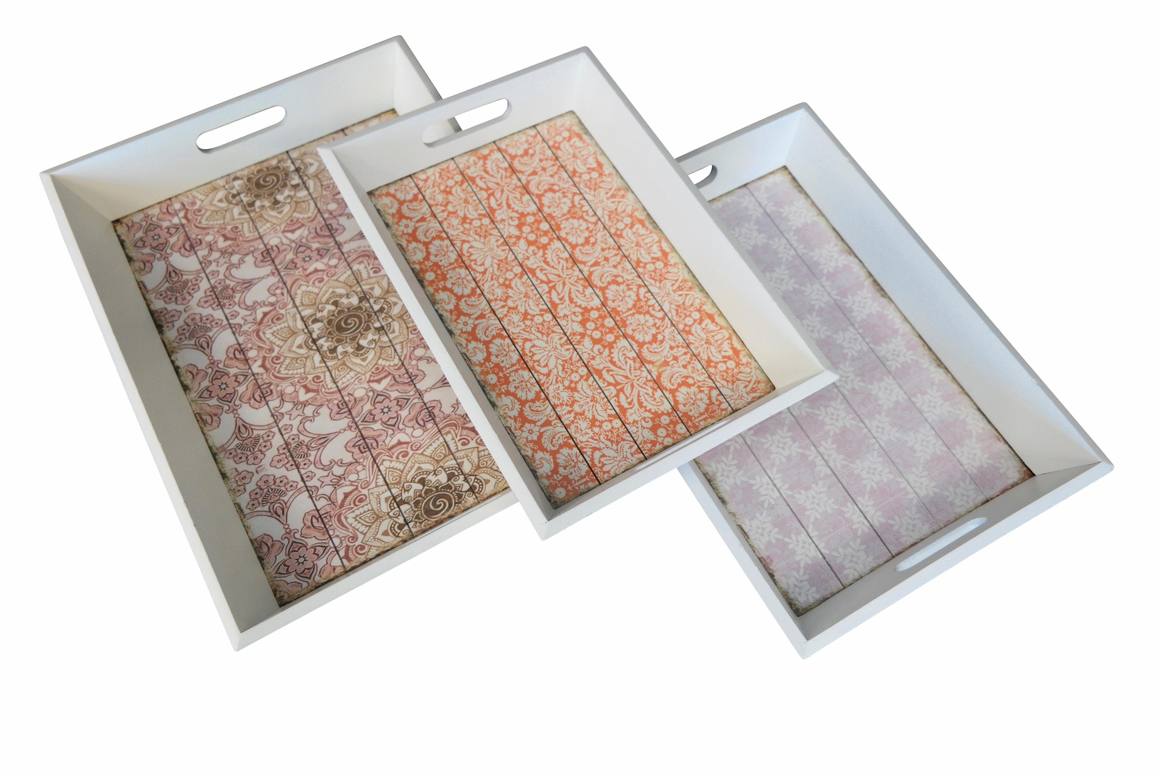 Myflair Möbel & Accessoires Tablett, MDF, (Set, 3-tlg), Dekotablett, weiß, bedruckte Stellfläche, Shabby Optik