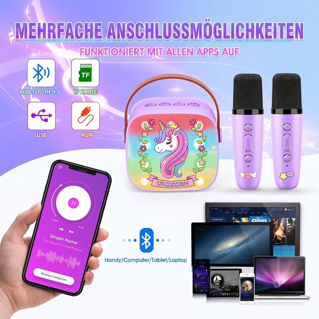 Wootoy Kinder-Lautsprecher Karaoke-Set mit 2 Mikrofonen Einhorn Geschenke Karaoke-Maschine (HiFi-Stereosound Rauschreduzierung und Stimmveränderung)