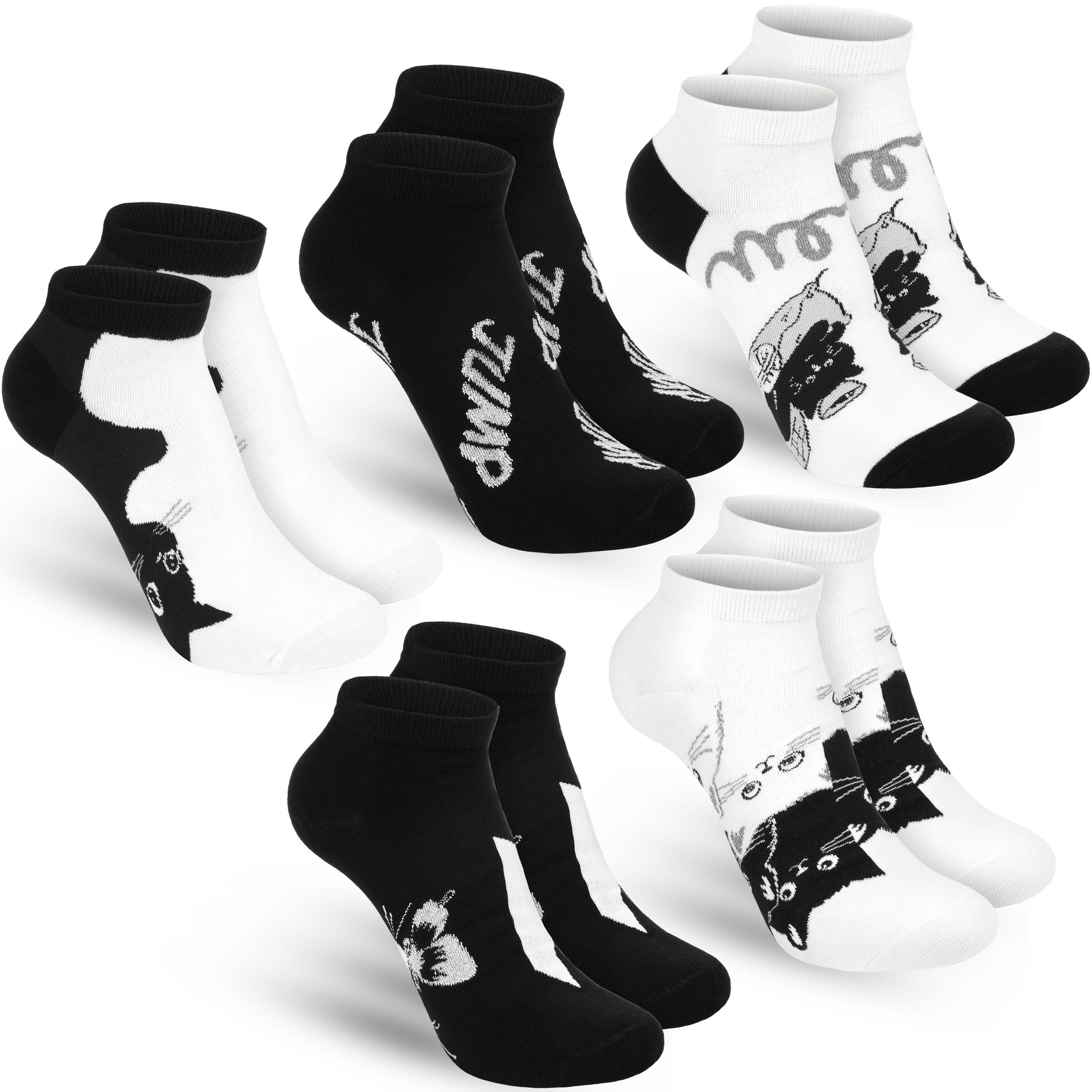 BRUBAKER Socken Damen Knöchelsocken mit süßen Kätzchen (Schwarz und Weiß, 5-Paar, Feel Good Damensocken mit Katzenmotiven) Sneakersocken Geschenk Set für Frauen mit Baumwolle