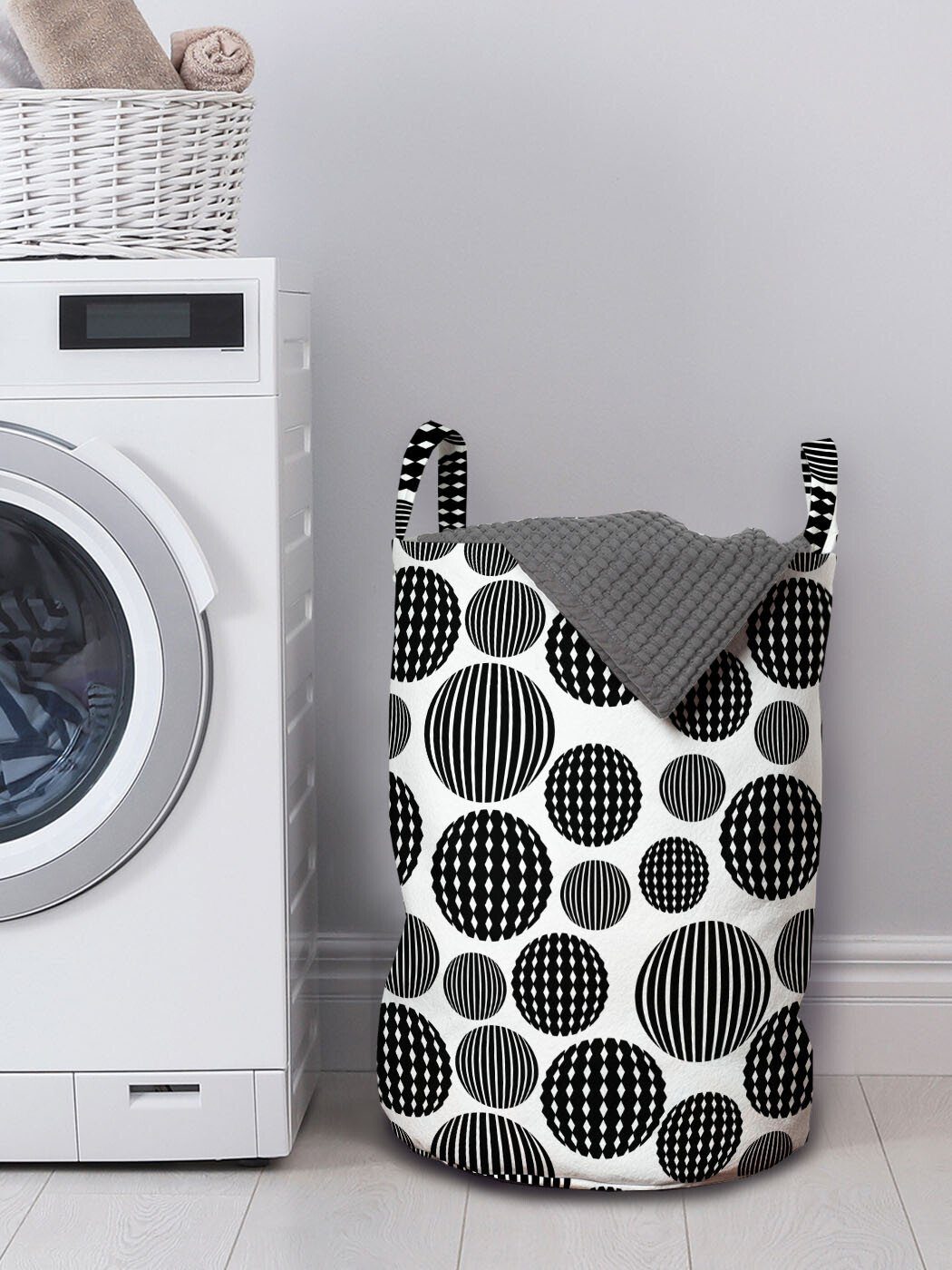 Abakuhaus Wäschesäckchen mit Geometrisch Waschsalons, Globe Wäschekorb Kreise Monochrome Kordelzugverschluss Griffen für