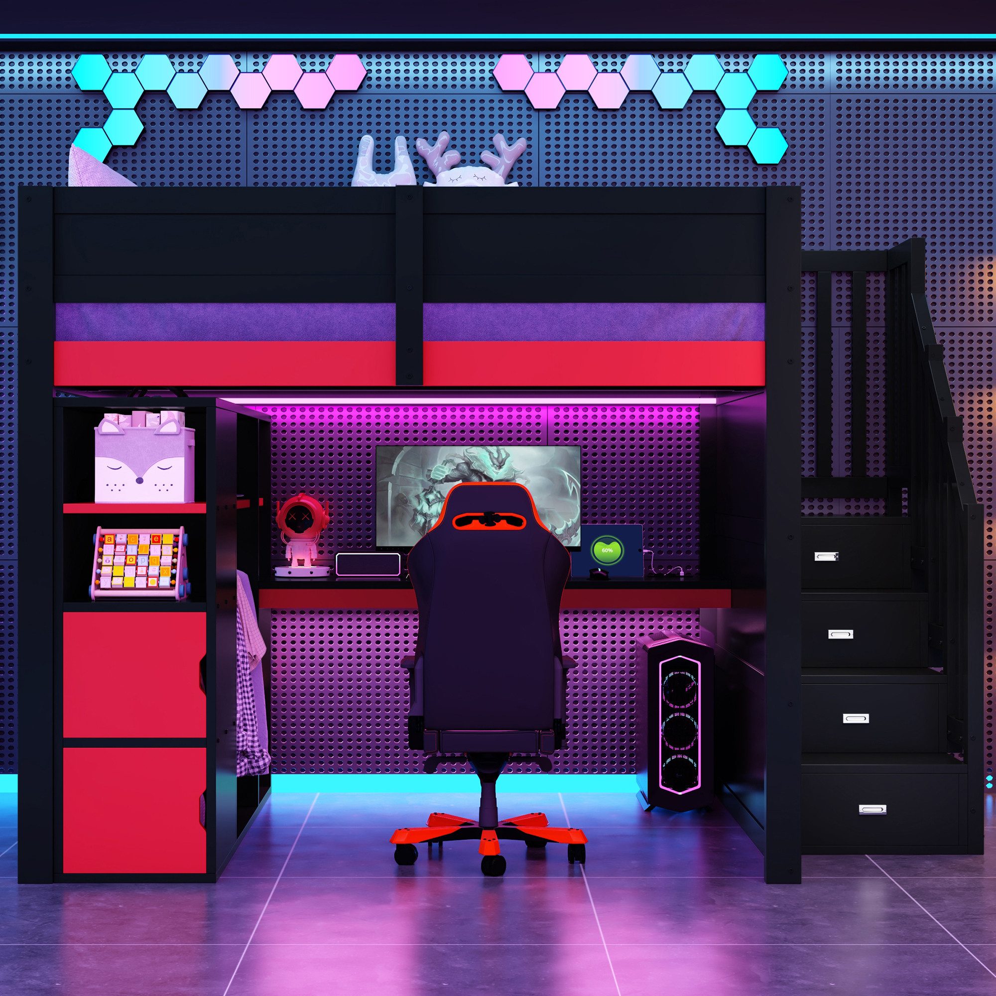 Merax Hochbett 140x200cm mit LED und USB (Gaming Jugendbett Einzelbett, 1-St) Holz Kinderbett mit Schreibtisch, Stauraum & Treppe mit Fächern