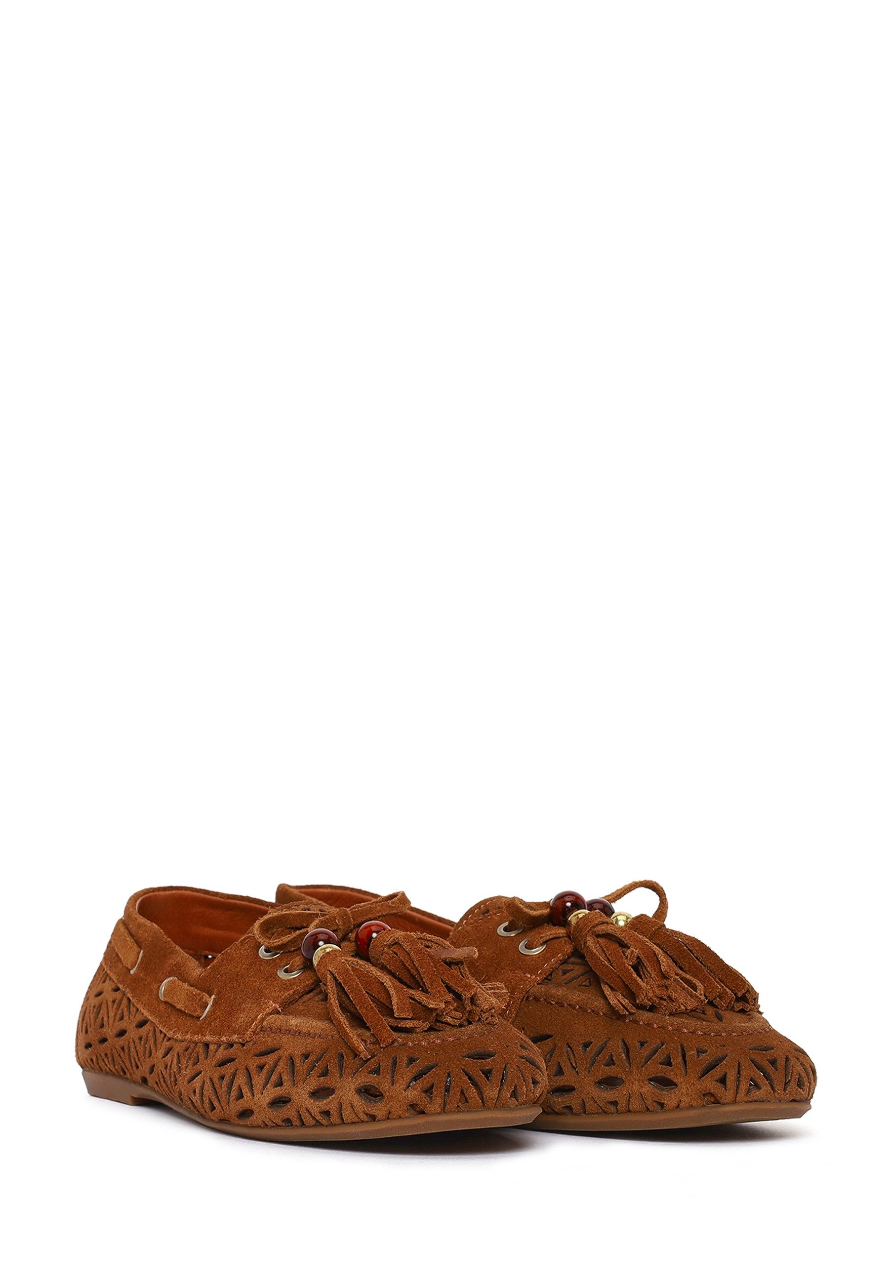Derimod Loafer aus Veloursleder Loafer Wildleder, Laser-Cut-Design, Lederfutter, TPU-Sohle, Perlenquasten