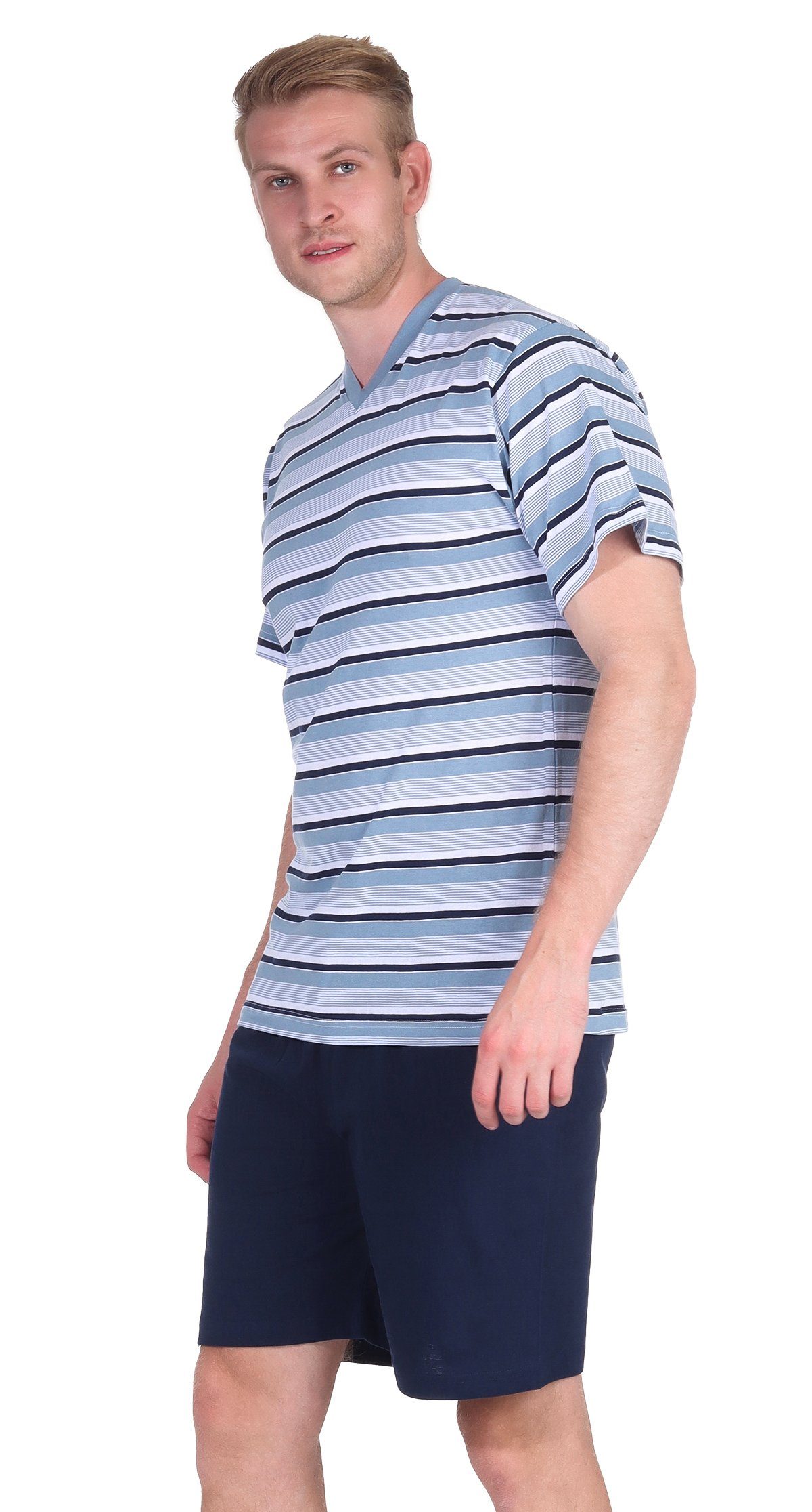 Moonline Shorty Herren Shorty V-Ausschnitt 100% Single-Jersey Kurzarm Blau mit Schlafanzug Baumwolle