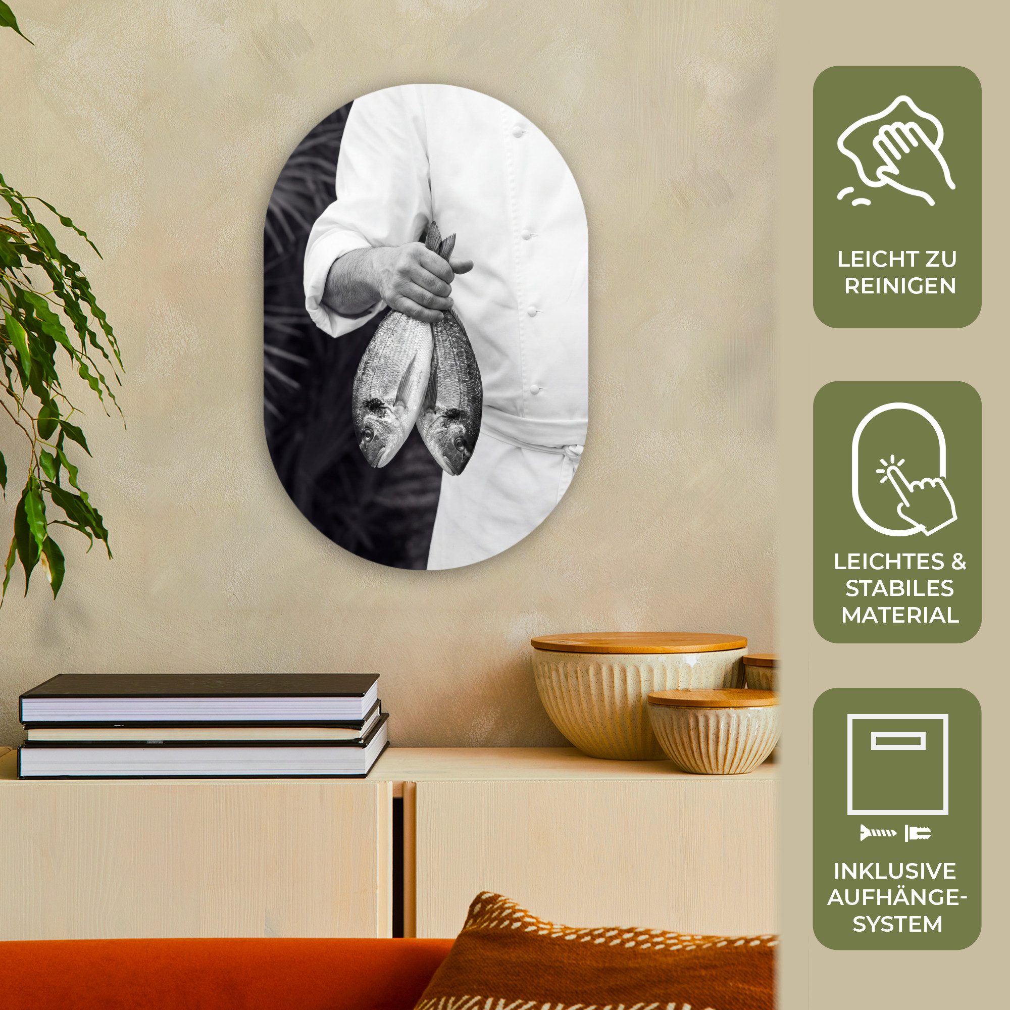 MuchoWow Gemälde Angeln - Koch - Schwarz - Weiß, Fotodruck (1 St), Wandbild Oval, Wohnzimmer oder Schlafzimmer Wanddekoration, 40x60 cm