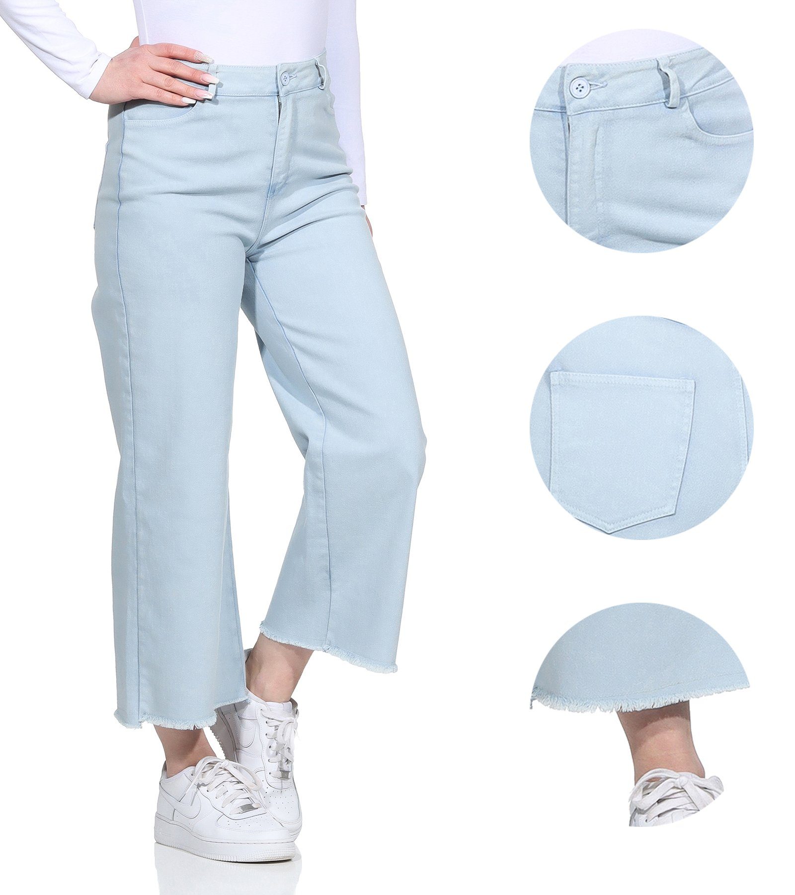 Aurela Damenmode Jeans Weite 100% Gürtelschlaufen, mit knöchelfrei, Damen Wide Hellblau Jeans Baumwolle für Leg Culotte