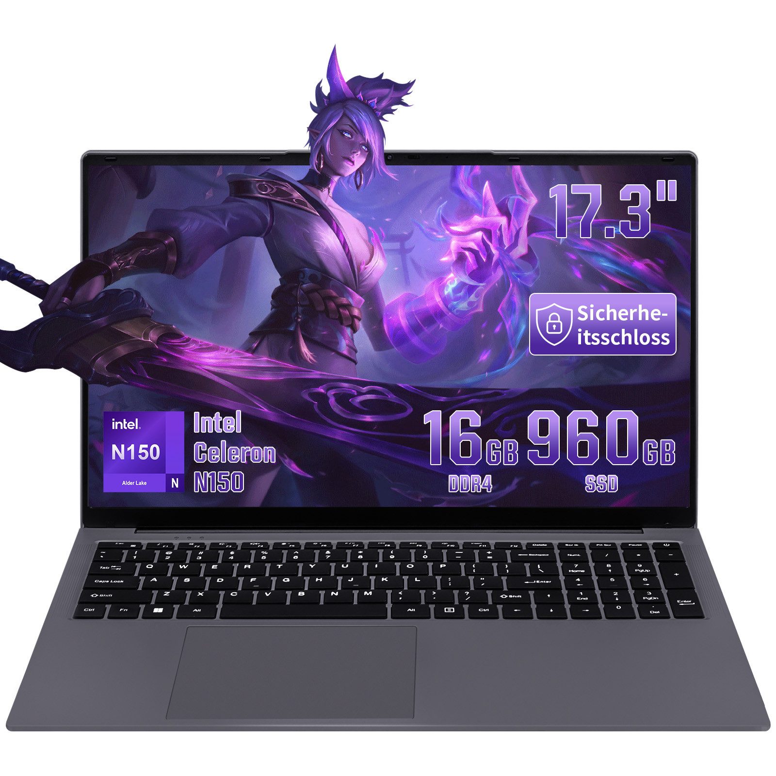 LONGEVINCE 17.3 zoll Laptop,16G RAM+476/960G SSD, Twin Lake-N150 Notebook (43,94 cm/17,3 Zoll, Intel Intel Celeron N150, Intel® UHD Graphics, 960 GB SSD, Beleuchtete Tastatur, Win 11 Pro + Office 2024)