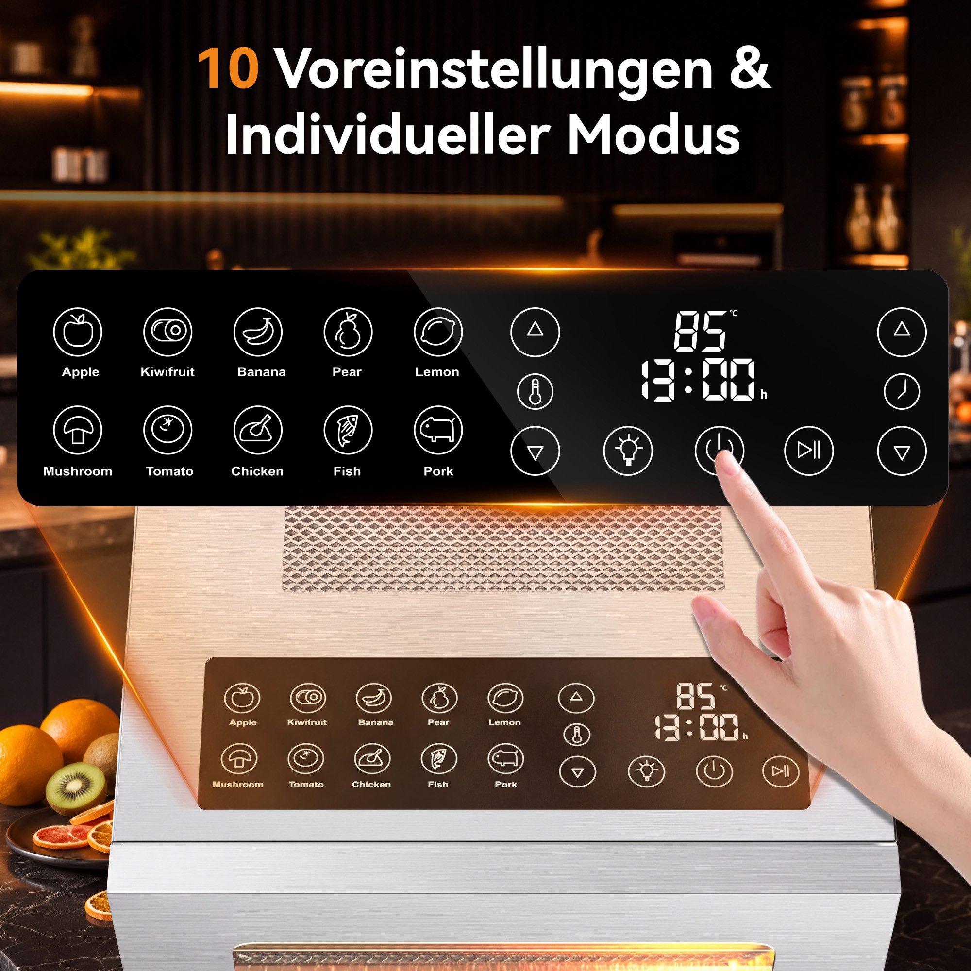 Furnicopia Dörrautomat Edelstahl Lebensmitteltrockner – 10 Tabletts, 48h, 850W 850 W, 10 Etagen, 360°-Umluft, 24-h-Warmhalten, für Obst, Jerky u. a., inkl. Reze – Bild 2 von 5
