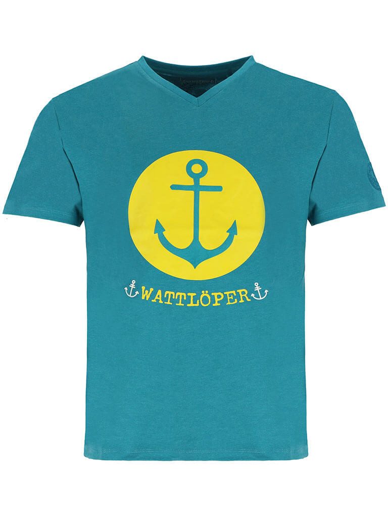 Wattlöper T-Shirt 11371 Herren Kurzarm-Shirt Anker-Prägedruck Kreis-Print & Schriftzug Sommershirt & Freizeitshirt mit V-Ausschnitt - hochwertige Details